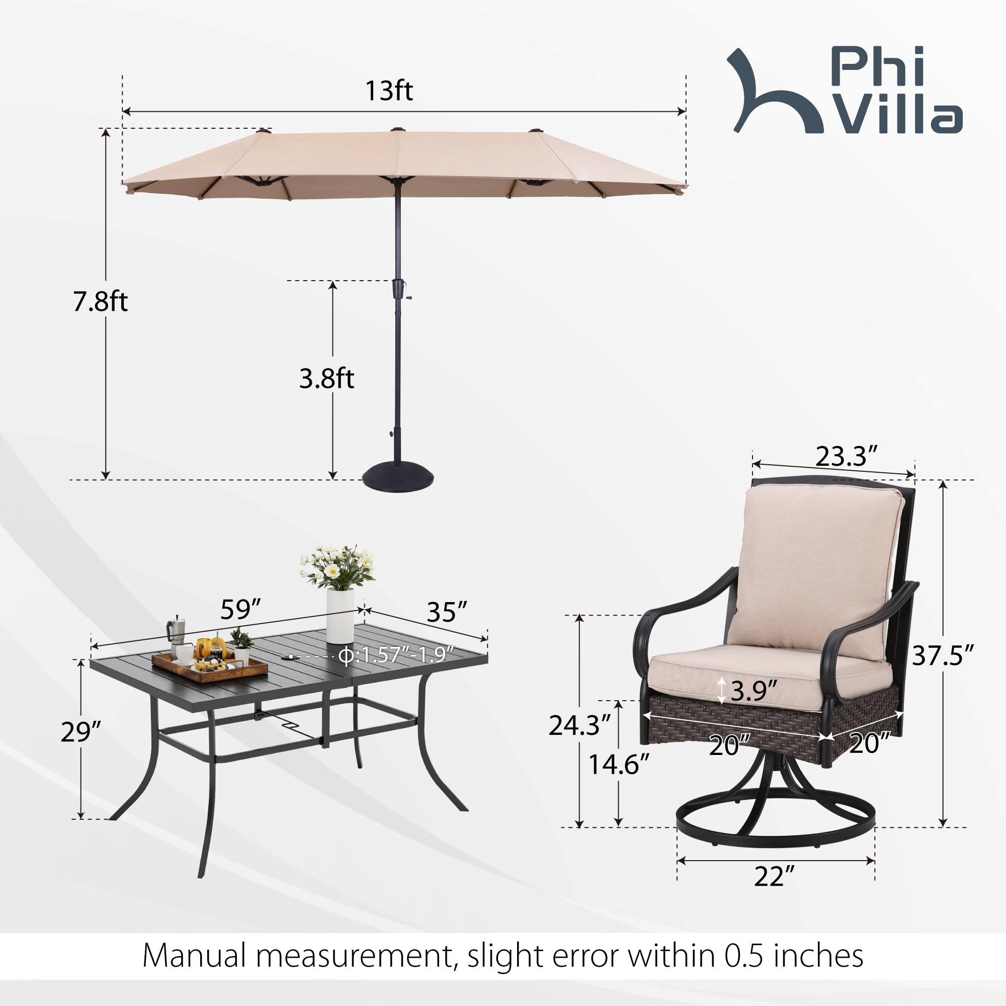 PHI VILLA 8-Piece All-Weather Outdoor Dining Set - Heavy Duty Rectangle Patio Table with 6 Swivel Chairs & Thick Cushions - Includes Umbrella for Backyard, Deck, Garden or Poolside Dining | Perfect for Outdoor Entertaining & Family Gatherings