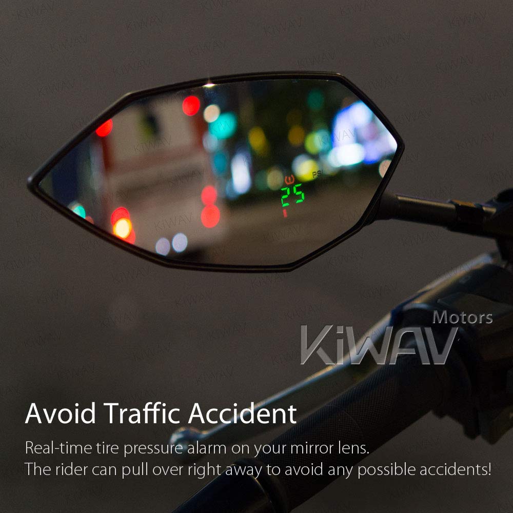 KiWAV Motorcycle TPMS Internal Sensor with Rearview Mirror - Real-Time Tire Pressure Monitoring System for M10/M8 Valve - Perfect for Long Rides & Off-Road Adventures