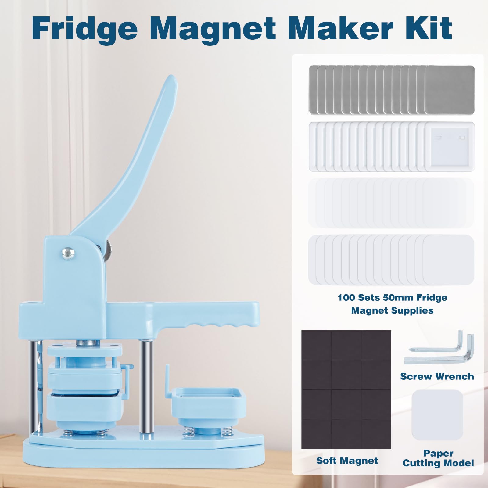 DIY 50mm (1.97 inch) Square Button Maker Machine Kit - Refrigerator Magnet Press with 100 Pcs Supplies for Custom Fridge Magnets, Pins & Badges - Perfect for Home Decor, Office Organization & Craft Projects
