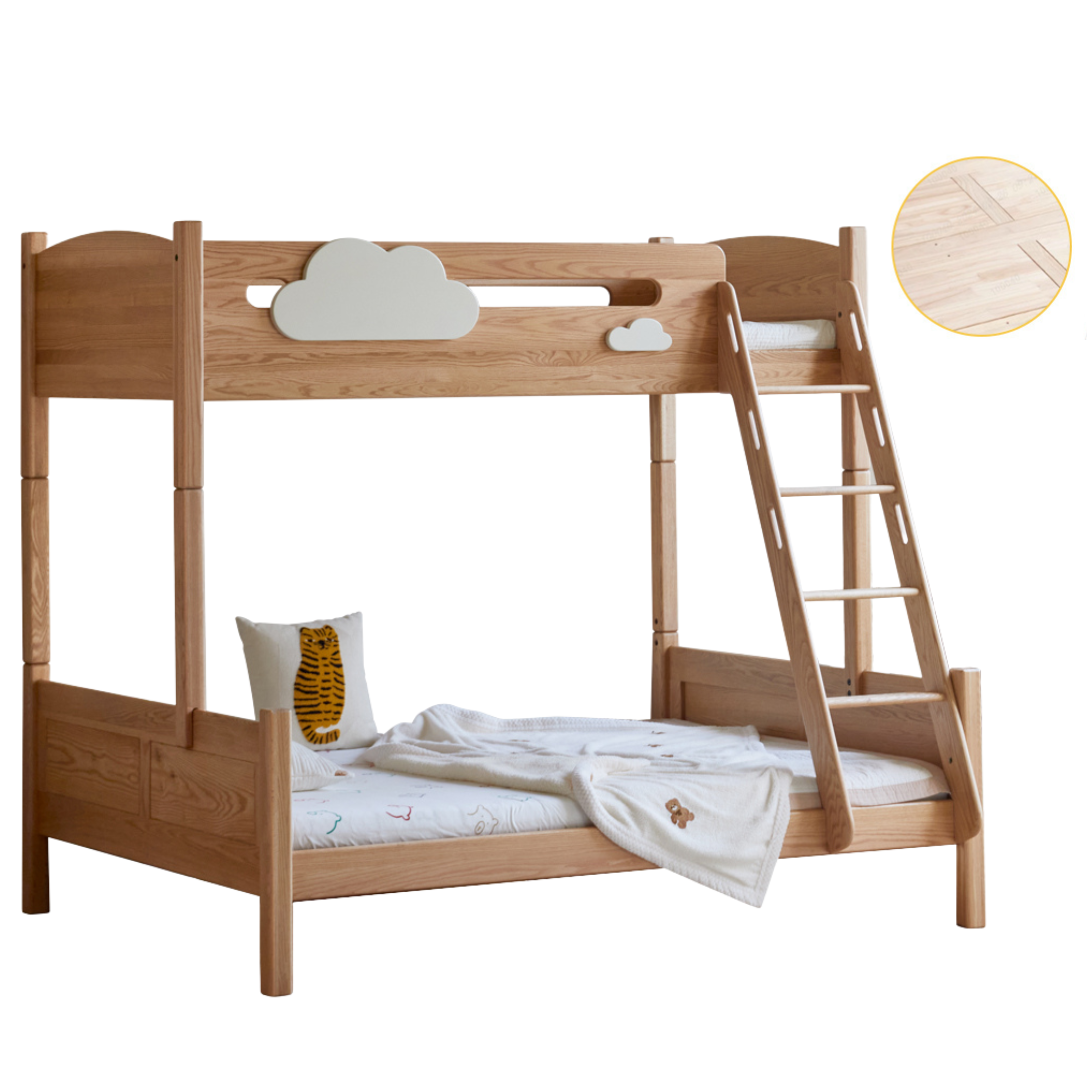 Solid Oak Wood Multi-Functional Bunk Bed with Ladder & Guardrails - Space-Saving Kids Bedroom Furniture for Siblings or Sleepovers