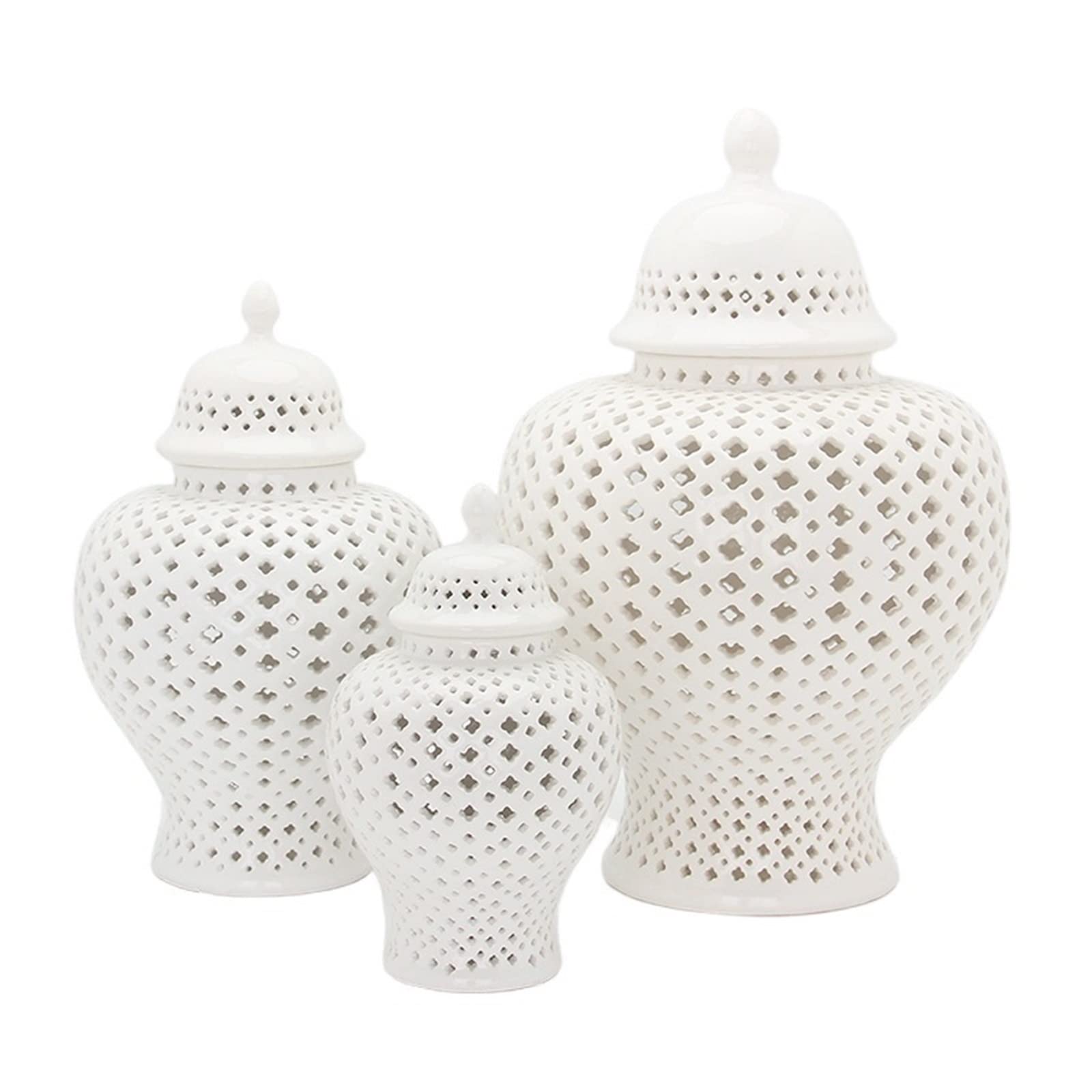 Traditional Chinese White Lattice Ginger Jar with Lid - Handcrafted Jingdezhen Ceramic Vase, Carthage Piercelain Lantern for Home Decor (Medium Size, White) | Perfect for Living Room Display, Wedding Centerpiece & Asian-Inspired Interior Design