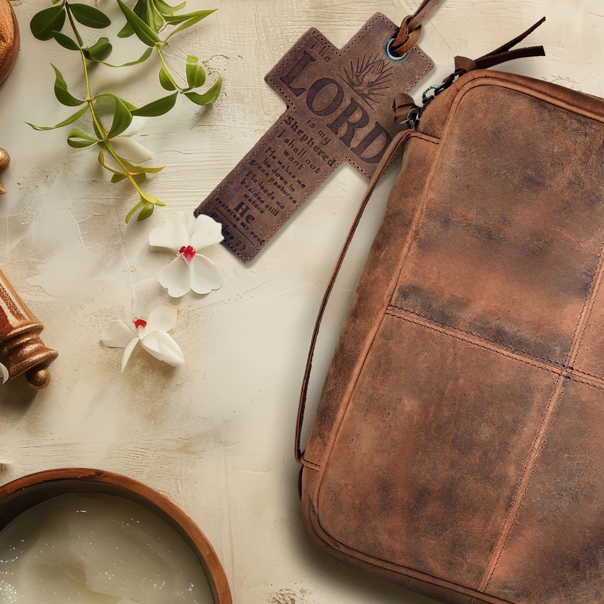 ELIZO Genuine Leather Bible Cover for Men & Women - Large Zippered Bible Case with Bookmark - Perfect for Church, Travel & Daily Bible Study - Christian Religious Gift Idea