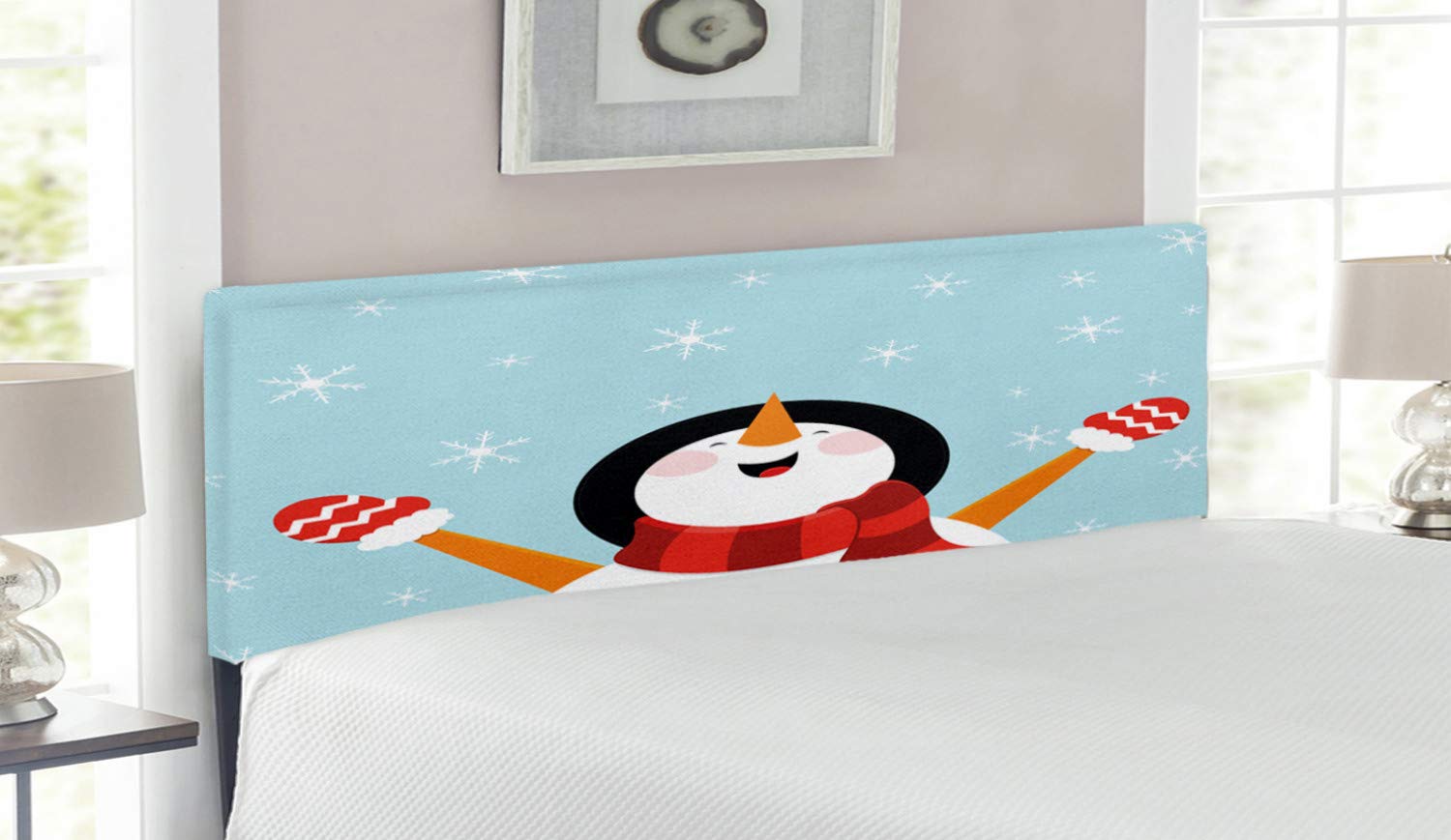 Ambesonne Christmas Headboard - Happy Smiling Snowman with Ornate Snowflakes Design, Upholstered Decorative Metal Bed Headboard with Memory Foam, Queen Size, Multicolor - Perfect for Holiday Bedroom Decor & Winter Themed Guest Rooms