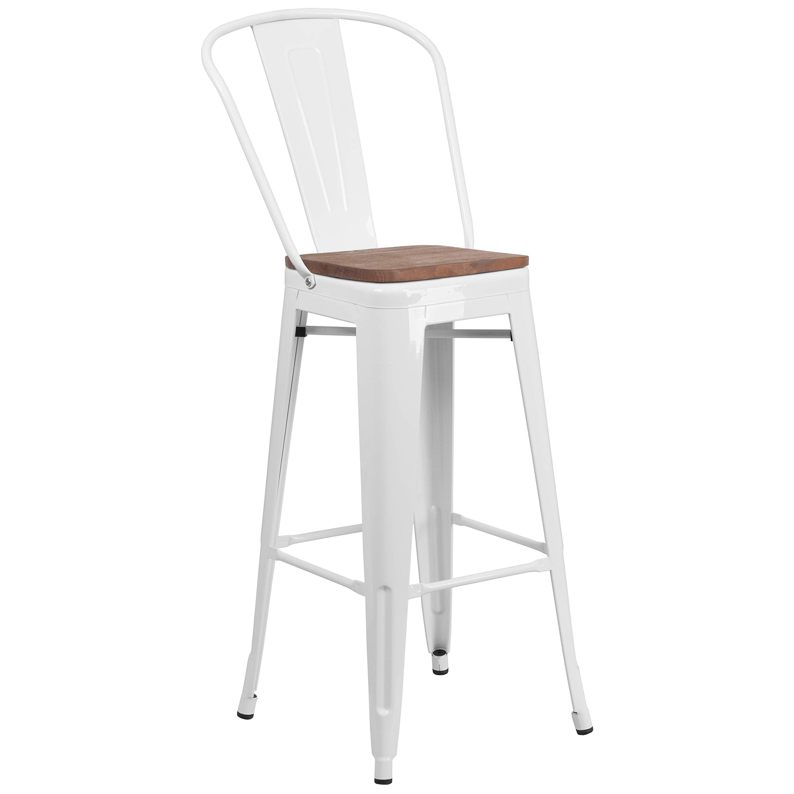 EMMA + OLIVER 30 Inch White Metal Bar Stool with Backrest and Wooden Seat - Perfect for Kitchen Islands, Breakfast Bars, and Home Decor