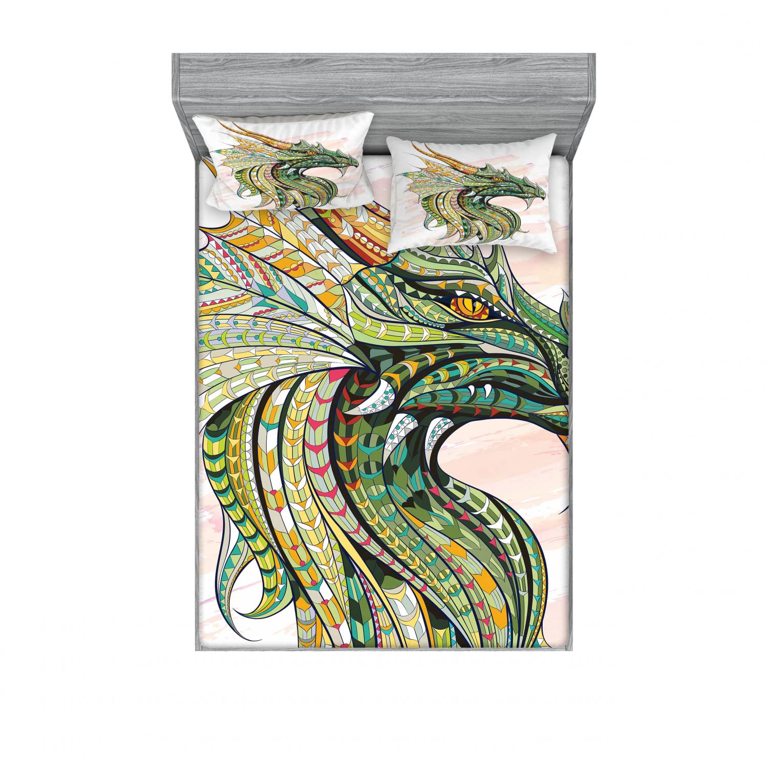 Ambesonne Dinosaur 2-Pack Fitted Sheet & Pillow Sham Set - Grunge Celtic Style 4-Piece Bedding Decor (2 Twin XL Fitted Sheets & 4 Pillow Covers) - Vibrant Multicolor Dino Print for Kids' Room, Dorm Decor & Themed Bedroom Makeover