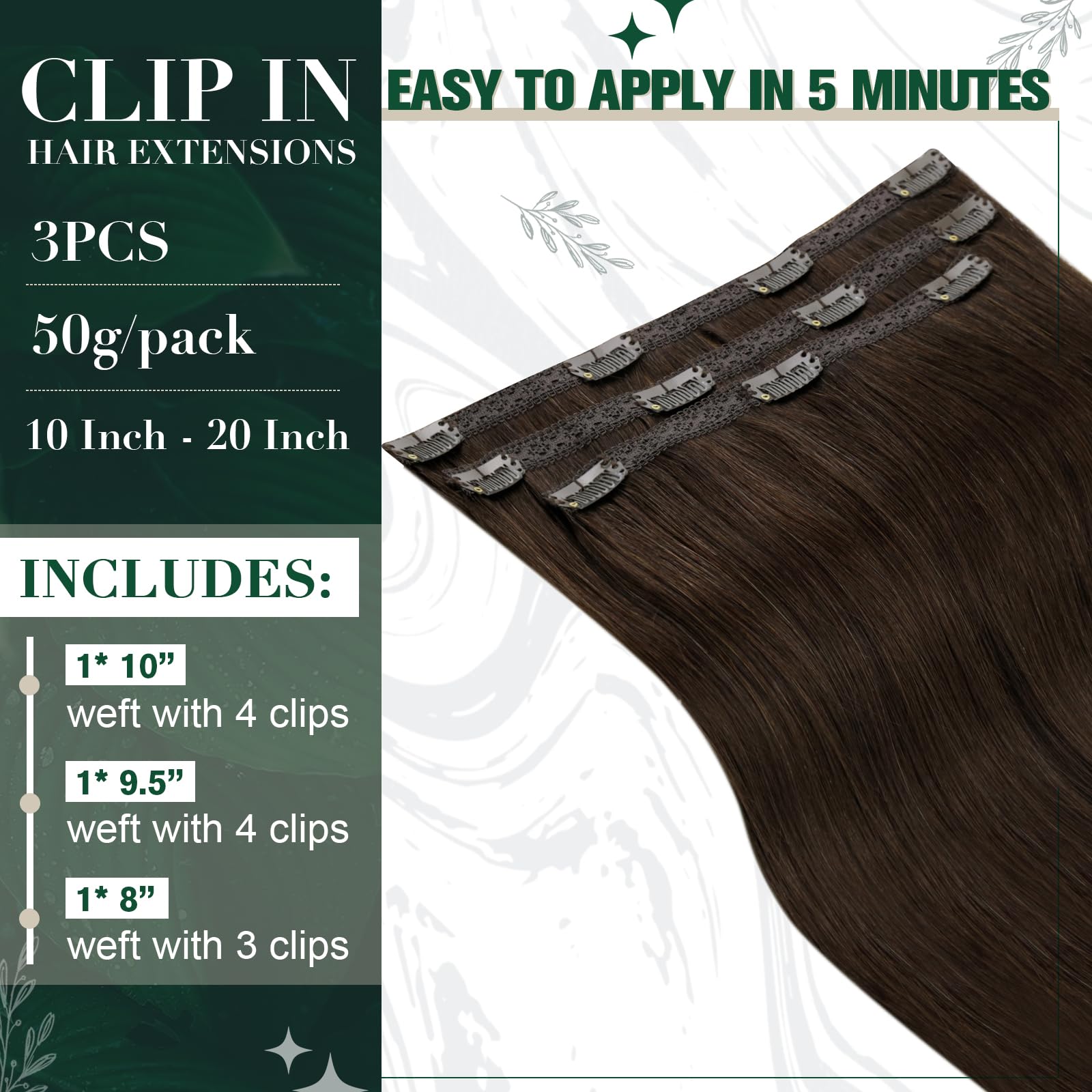 RUNATURE 18 Inch Dark Brown Clip in Hair Extensions - Real Human Remy Hair, Double Weft 50g (3pcs) for Women - Soft, Natural Look | Perfect for Daily Wear, Parties & Special Occasions
