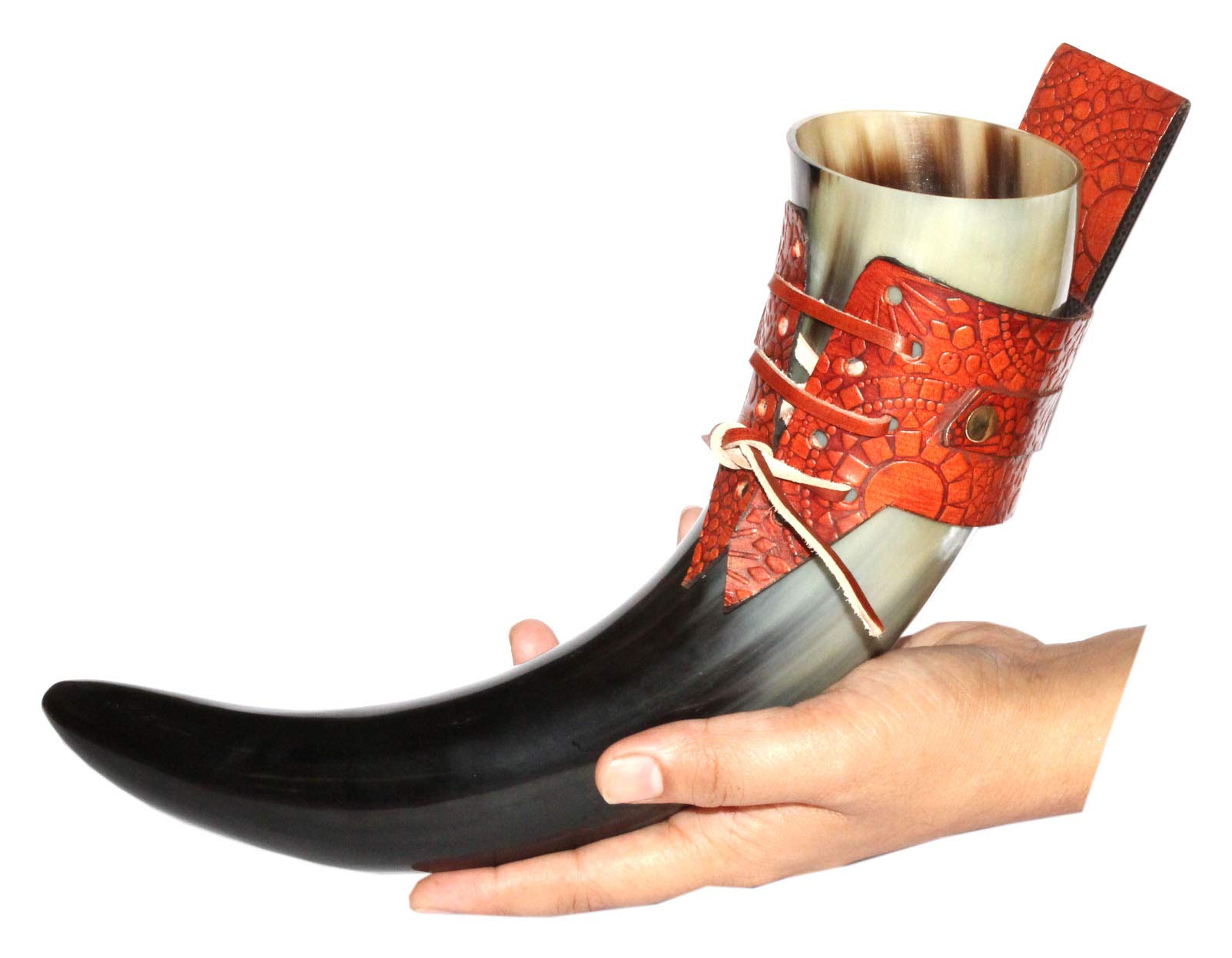 Authentic Viking Drinking Horn 16 oz - Handcrafted Medieval Norse Style with Genuine Leather Holster - Natural Finish - Perfect for Renaissance Fairs, LARP Events, and Viking Themed Parties