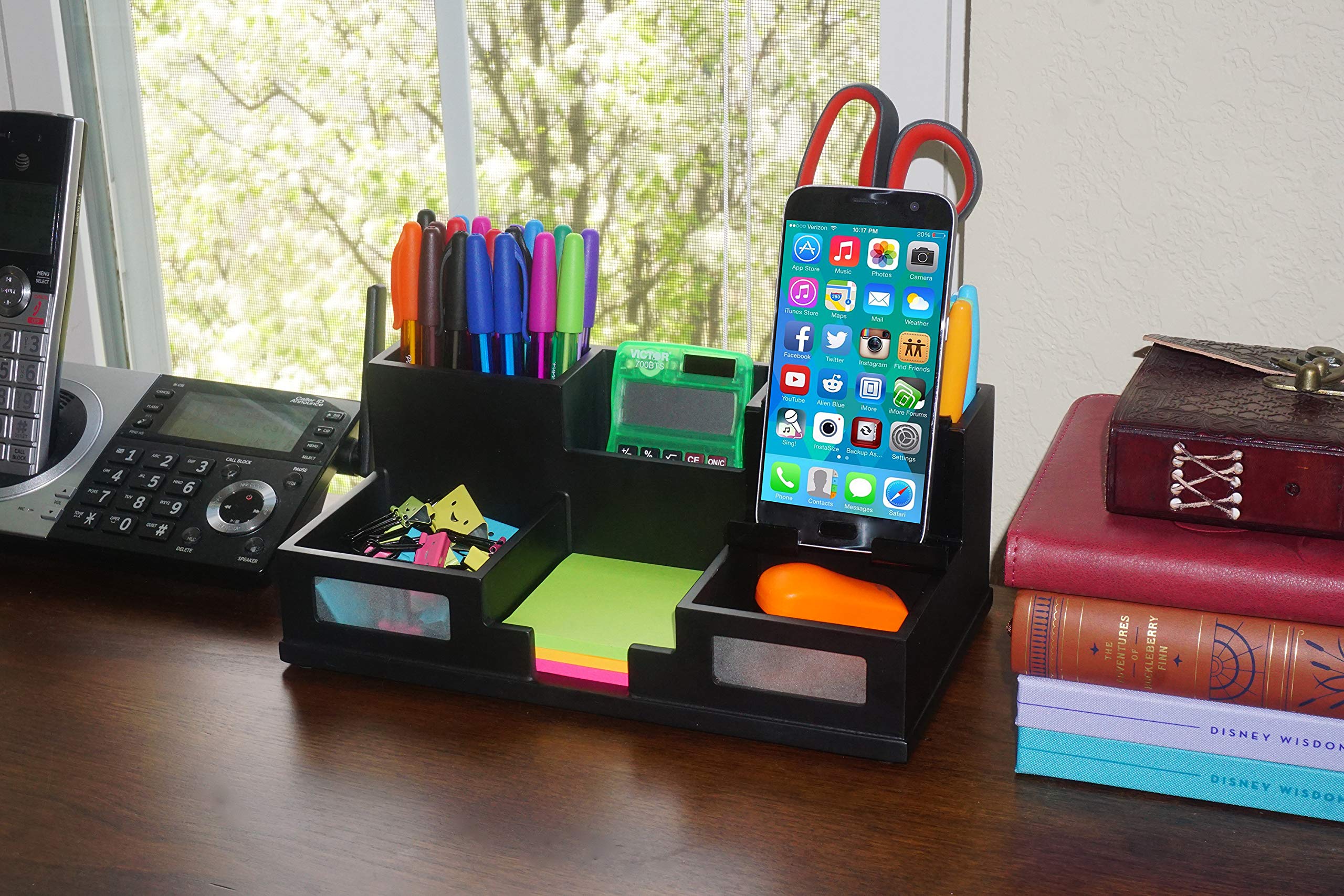 Victor Wood Desk Organizer with Smartphone Holder - Midnight Black (9525-5) | Stylish Office Desk Accessory for Home & Workspace Organization