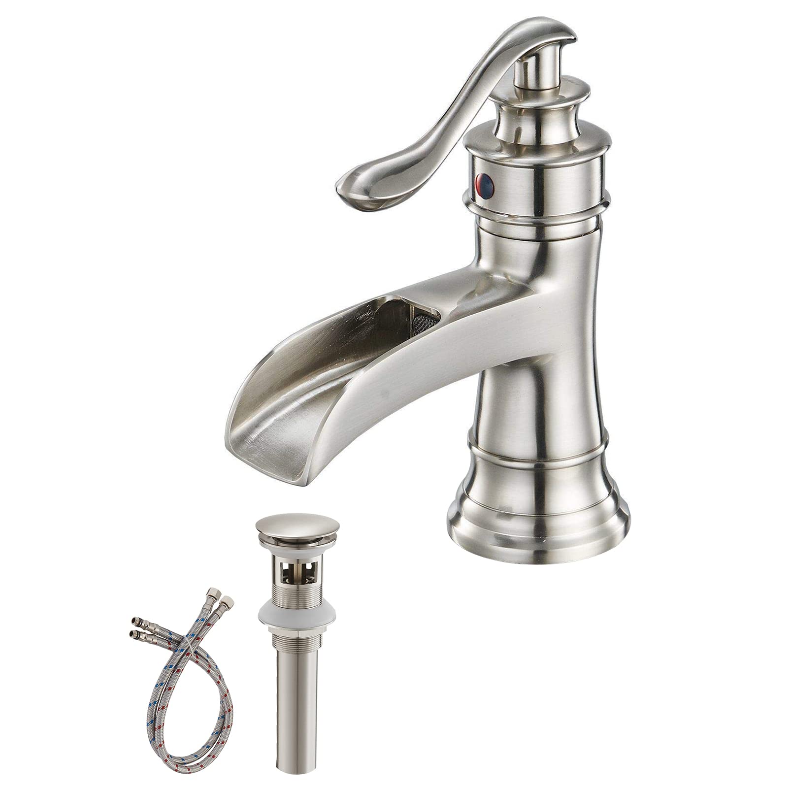 BWE Brushed Nickel Waterfall Bathroom Faucet - 1 Hole Single Handle Sink for Vanity with Drain