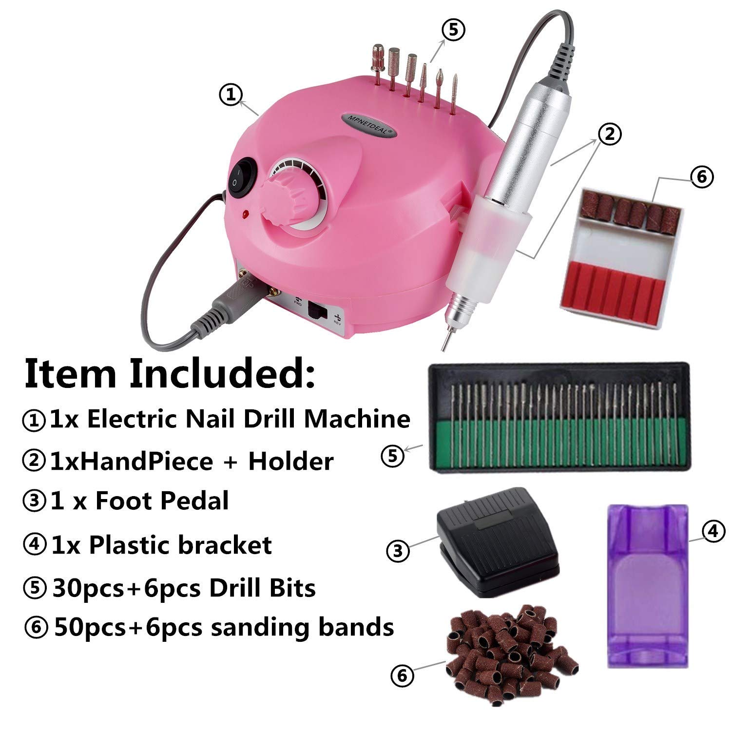 Professional Electric Nail Drill Machine 30000RPM - Efile Manicure Pedicure Tool with Foot Pedal for Acrylic, Gel & Natural Nails | Perfect for Home Use & Salon (Pink) | DIY Nail Art, French Tips & Nail Extensions