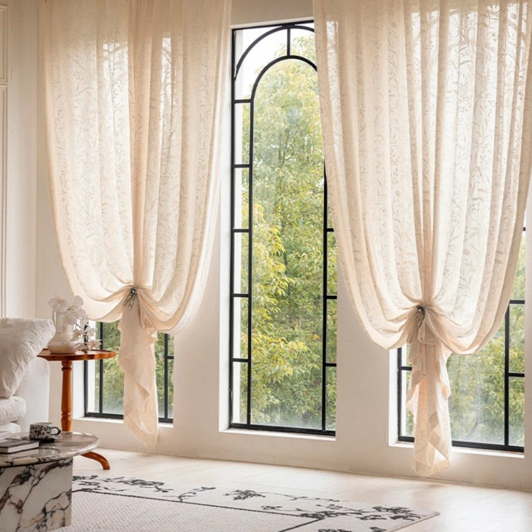 Miriam Delicate Botanical Semi-Sheer Custom Curtains for Living Room & Bedroom - Floral Sheer Window Drapes with Nature-Inspired Design for Home Decor