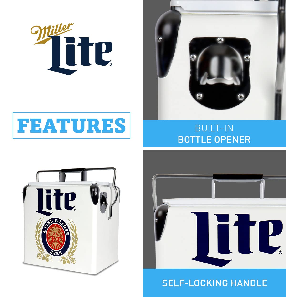 Miller Lite Retro 13L (14 qt) Ice Chest Cooler with Bottle Opener - 18 Can Capacity, Vintage Style Cooler in Blue & Red - Perfect for Camping, Beach, Picnics, RV Trips, BBQs, Tailgating & Fishing Adventures