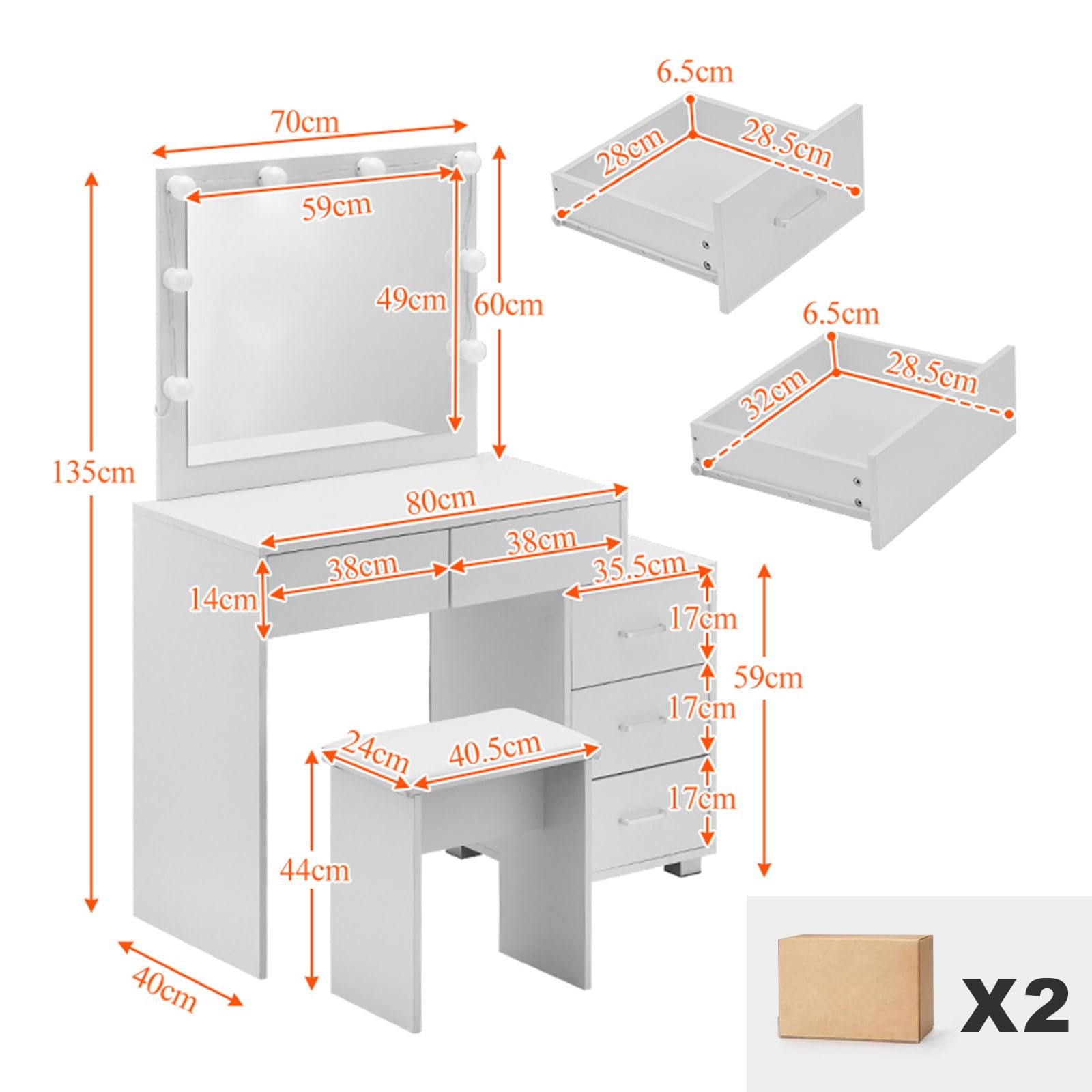 LED Vanity Mirror with Stool - 5-Drawer Makeup Desk for Bedroom