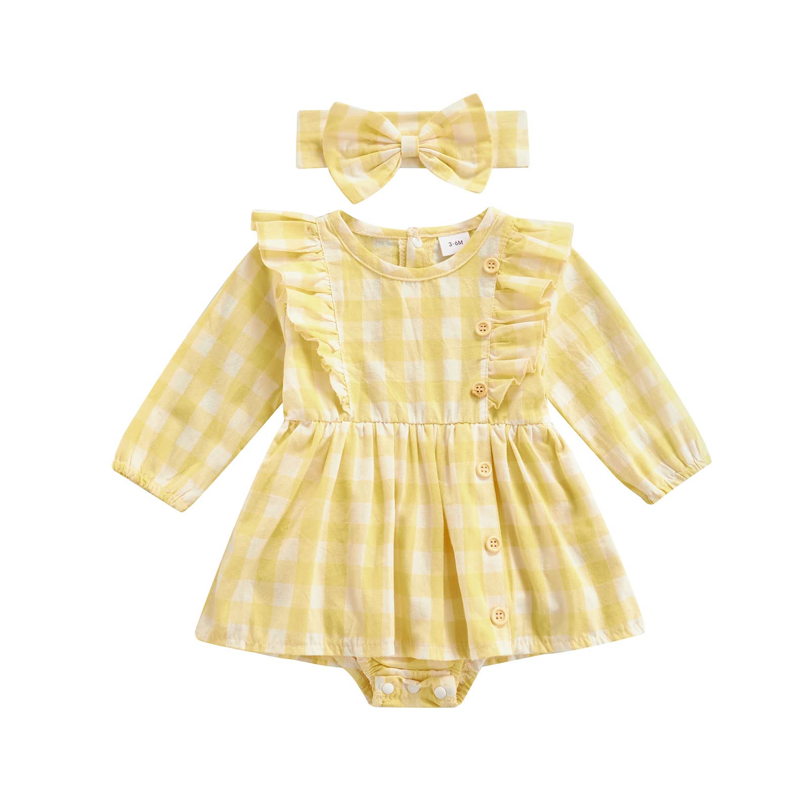 Adorable Plaid Baby Jumpsuit Set for Toddler Girls - Long Sleeve Round Neck Romper with Ruffled Bow Headband - Perfect for Photoshoots, Birthday Parties & Everyday Play