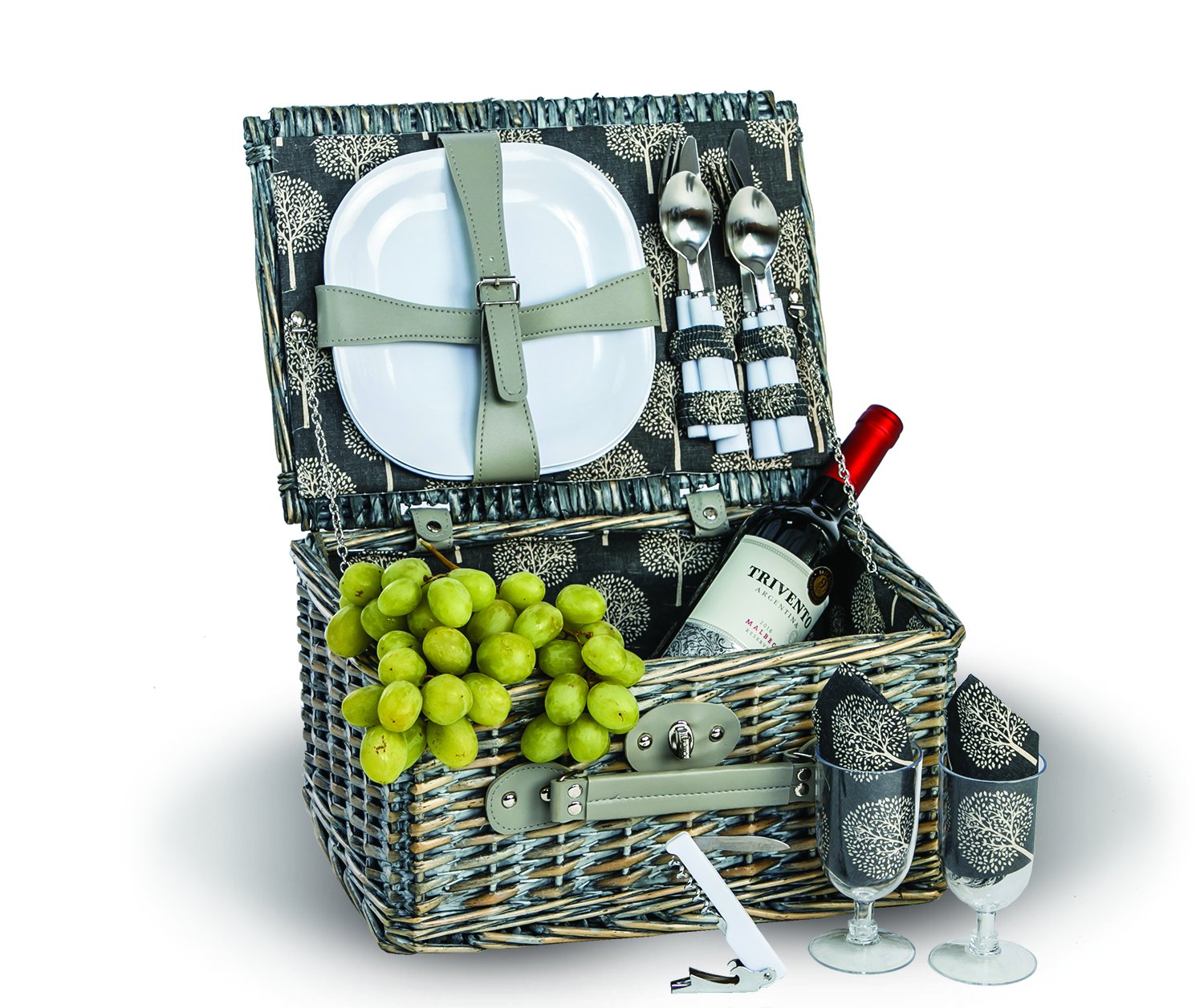 Boothbay 2-Person Picnic Basket Set - Willow Picnic Hamper with Plates, Flatware, Wine Glasses, Napkins & Corkscrew (14-Piece Gray Set) - Perfect for Romantic Outings, Beach Picnics & Outdoor Dining