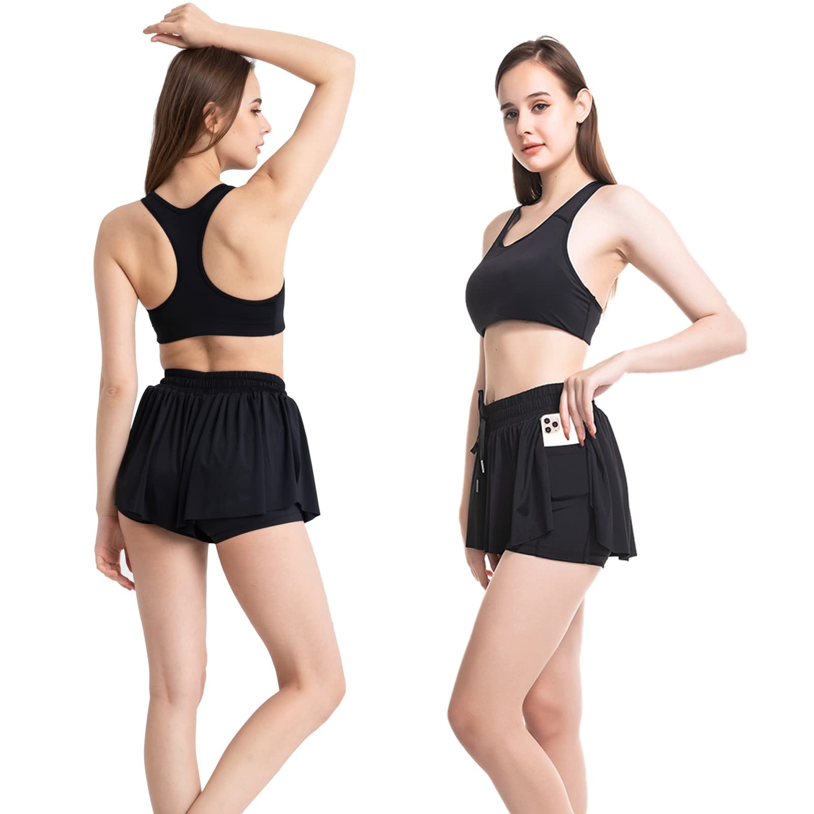 Blostirno Women's 2-in-1 Athletic Shorts with Skirt - High Waist Running Yoga Workout Shorts with Pockets & Drawstring - Breathable Summer Gym Shorts for Women - Perfect for Jogging, Yoga Class & Outdoor Activities