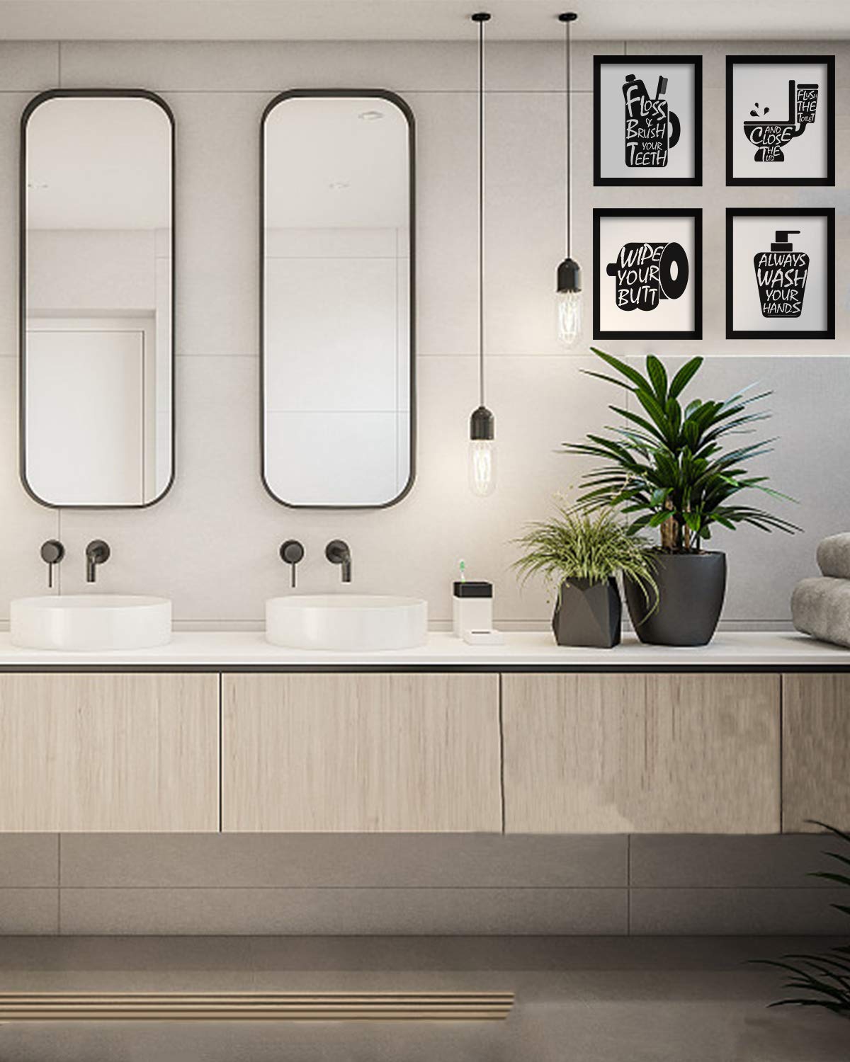 Funny Bathroom Wall Art Prints 8x10in - Set of 4 Black & White Signs for Bathroom Decor