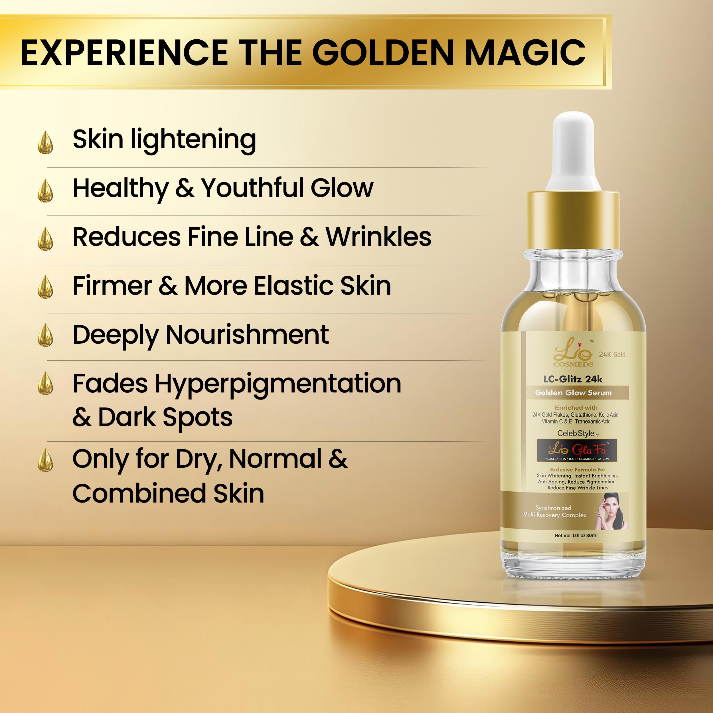 Lio Cosmeds Golden Glow Face Serum with Vitamin C, E, 24K Gold & Glutathione - Brightening, Anti-Aging, Wrinkle Reduction for Dry & Normal Skin | 30ml | Perfect for Night Routine & Daily Skincare Regimen
