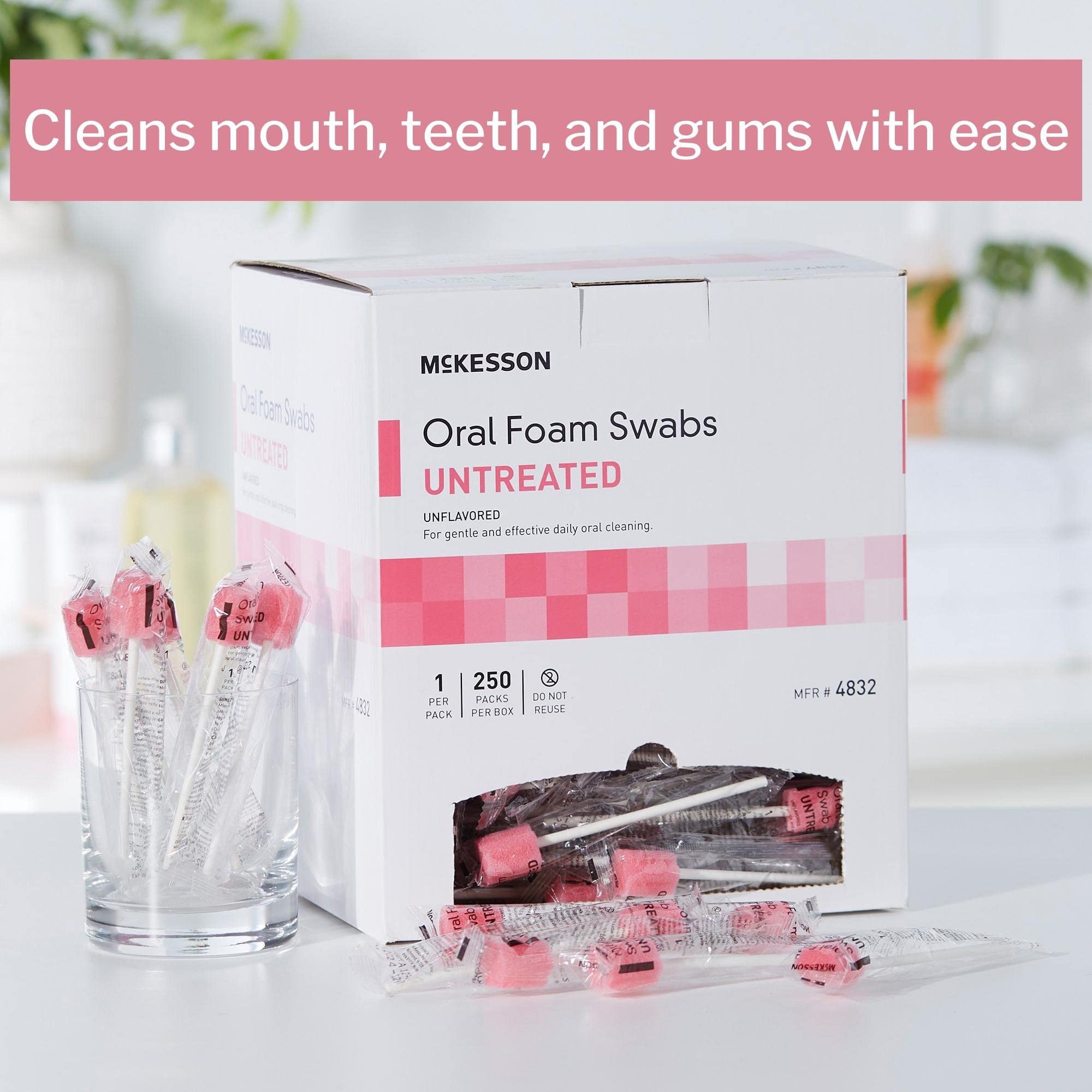 McKesson Untreated Oral Foam Swabs - 1000 Count (4 Packs of 250) | Gentle Daily Mouth Cleaning for Adults & Seniors | Ideal for Hospital Care, Nursing Homes, and Home Oral Hygiene