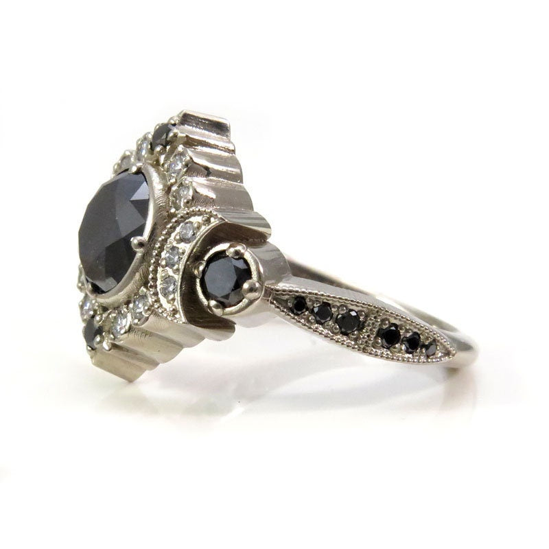 Black & White Diamond Selene Gothic Moon Engagement Ring Set - 14k Rose, Yellow or White Gold - Celestial Bohemian Wedding Ring for Women - Perfect for Gothic, Boho & Alternative Brides