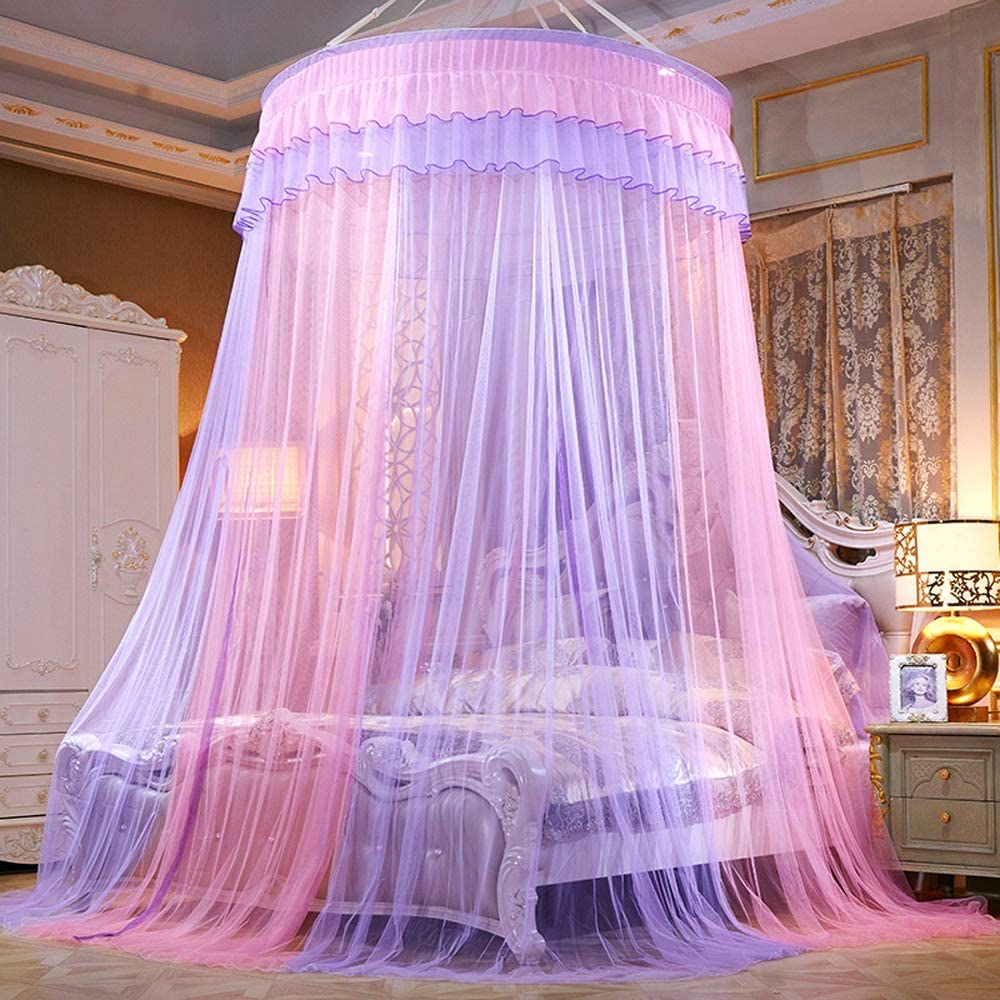 Elegant Lace Princess Bed Canopy Mosquito Net - Round Sheer Mesh Bed Curtain for Twin, Full, Queen & King Size Beds (Pink/Purple) | Perfect for Girls' Bedrooms, Nursery Decor & Romantic Wedding Settings