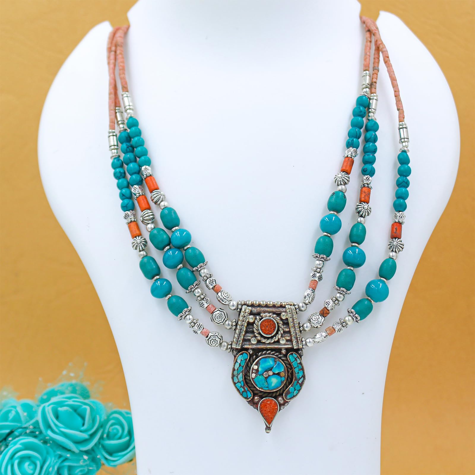 Handmade Tibetan Silver Bohemian Necklace with Turquoise & Coral Gemstones - 18