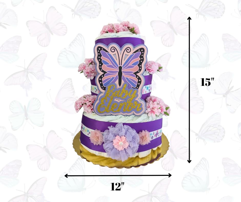 Handmade Purple and Pink Butterfly Theme Diaper Cake for Baby Girl Showers - Custom Name Keepsake Gift, Sprinkle Table Centerpiece & Photo Prop | Perfect for Baby Showers, Gender Reveals & Nursery Decor