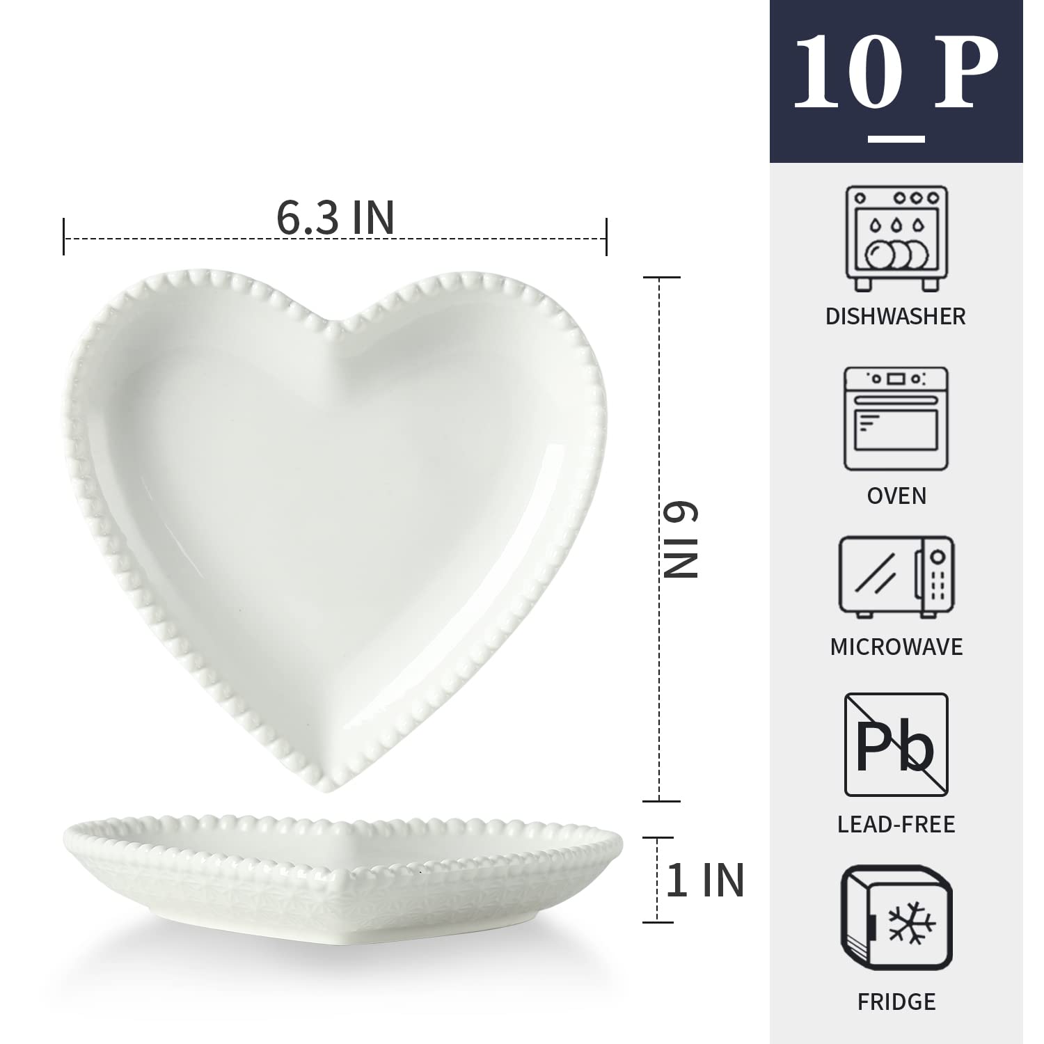 6.3 Inch White Heart-Shaped Porcelain Appetizer Plates - Set of 10 Small Dinner Plates for Dessert, Salad, Cake, Snack & Ice Cream - Microwave, Oven & Dishwasher Safe - Perfect for Valentine's Day, Bridal Showers & Romantic Dinners