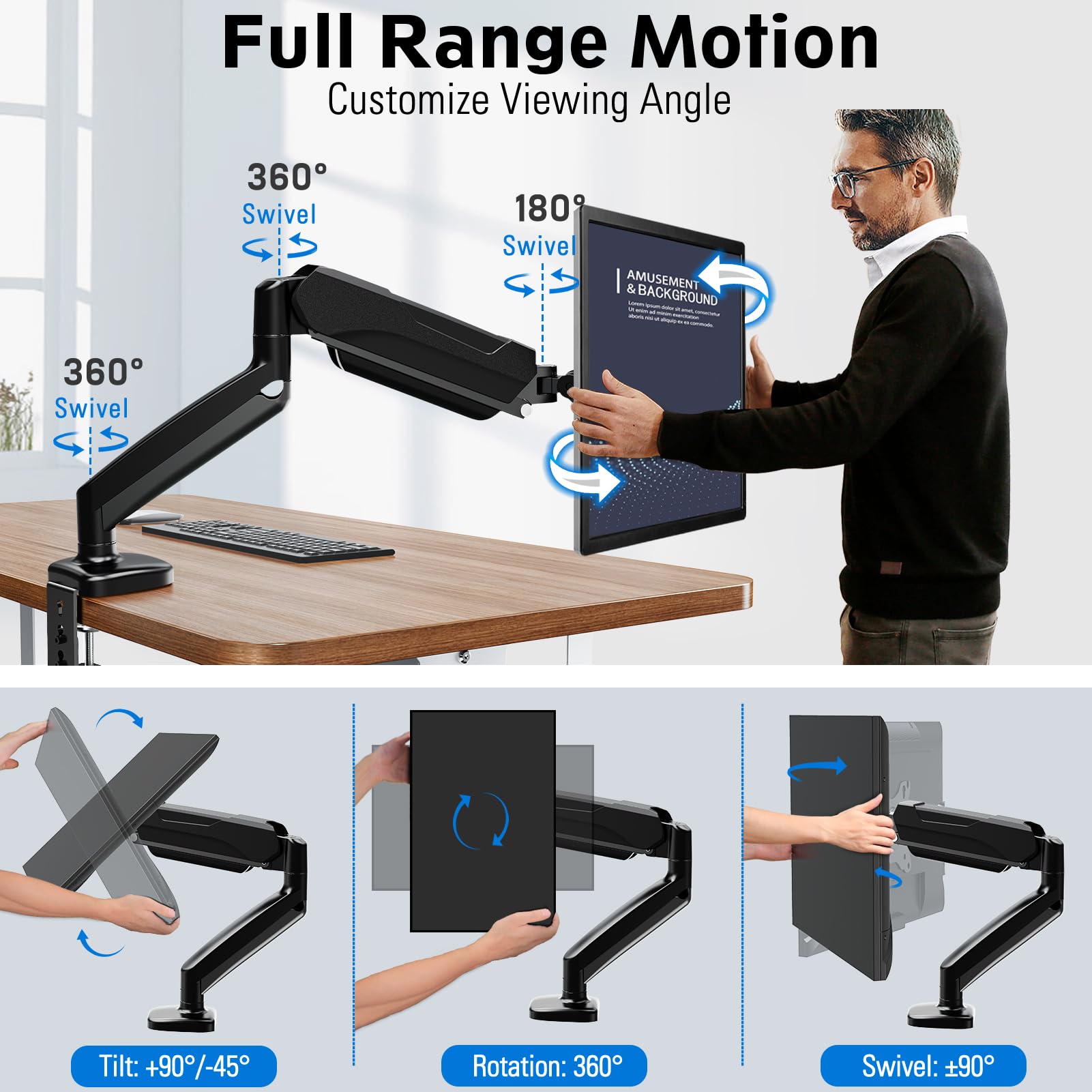 MOUNTUP Single Monitor Desk Mount - Adjustable Gas Spring Monitor Arm for 13-32 Inch Screens 4.4-17.6lbs, VESA Mount Bracket with Clamp/Grommet Base - Ergonomic Computer Monitor Stand for Home Office & Gaming Setup (Black)
