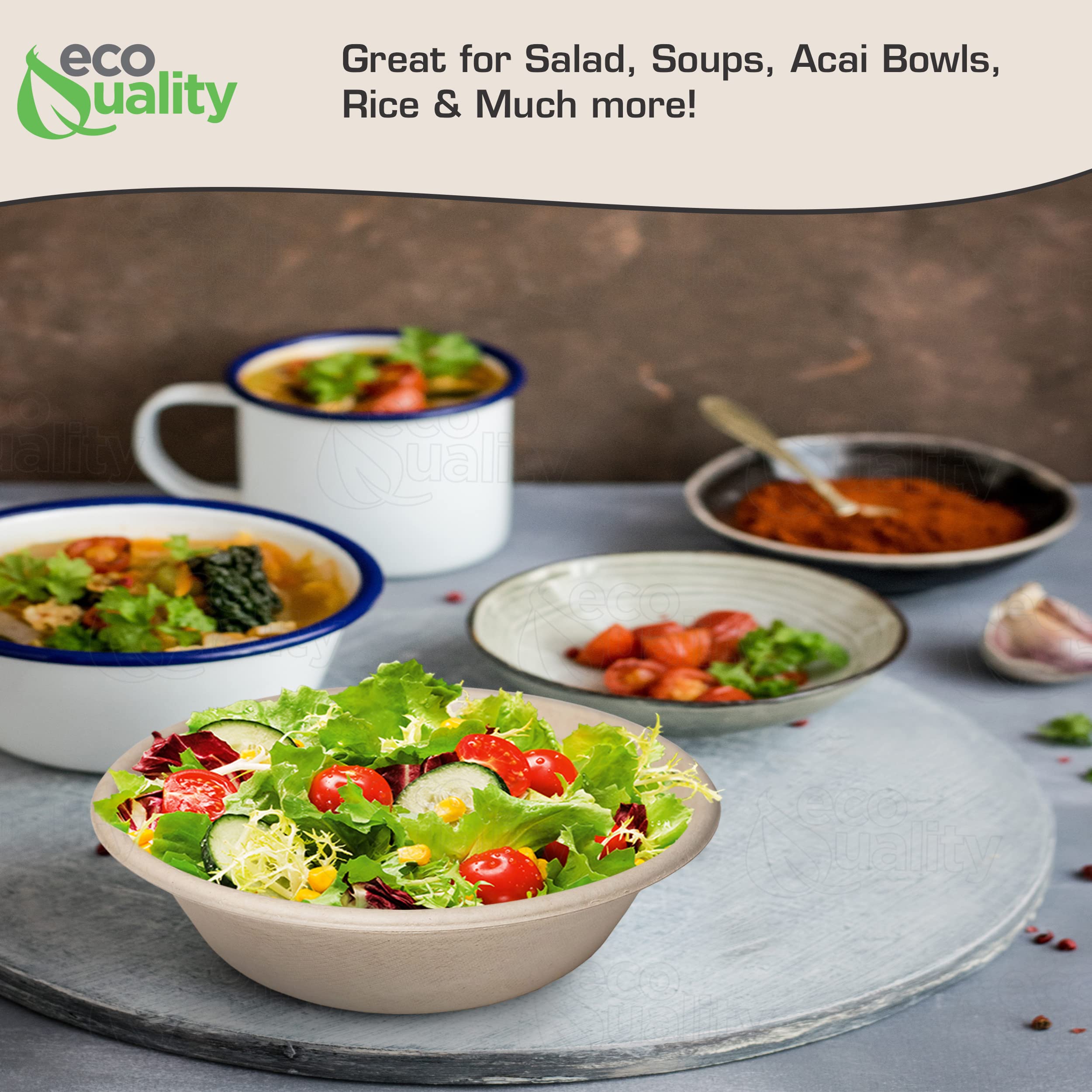 500 Count - EcoQuality 32oz Round Disposable Bowls | Natural Sugarcane Bagasse Bamboo Fiber Compostable Bowls | Sturdy Eco-Friendly Paper Bowl Alternative | Perfect for Parties, Picnics & Takeout Meals
