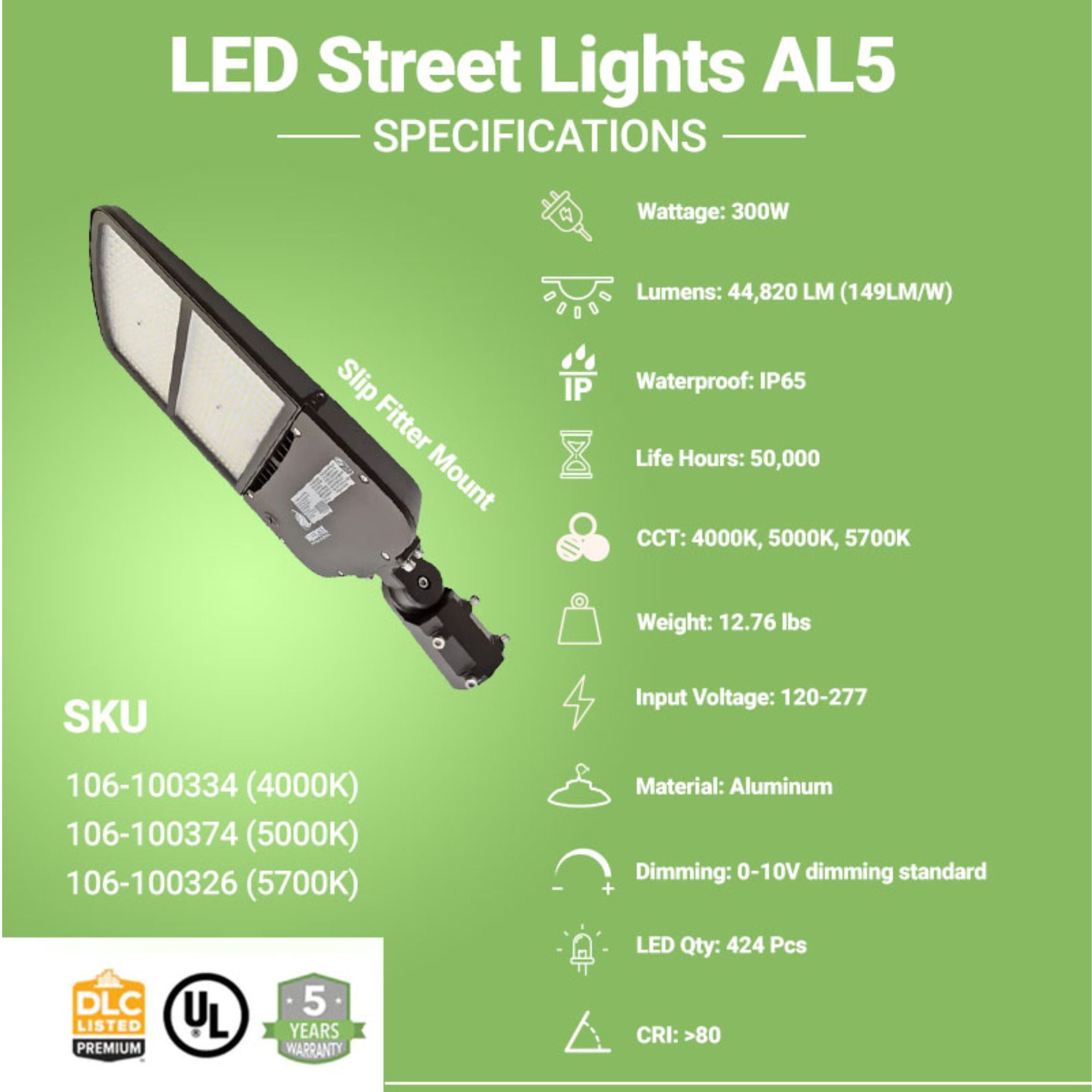 300W LED Street Light - 44,820 Lumens, Shorting Cap, Slip Fitter Mount, AL5 Series, UL & DLC 5.1 Certified - Perfect for Parking Lots, Roadways, and Outdoor Area Lighting