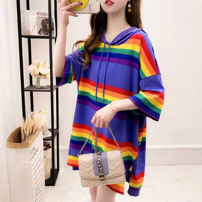 Harajuku Rainbow Stripe Hoodie for Women - Loose Pullover Sweatshirt | Pastel Pink Japanese Fashion | Cute & Sweet Girls Outfit | Perfect for Streetwear, Kawaii Style & Casual Wear