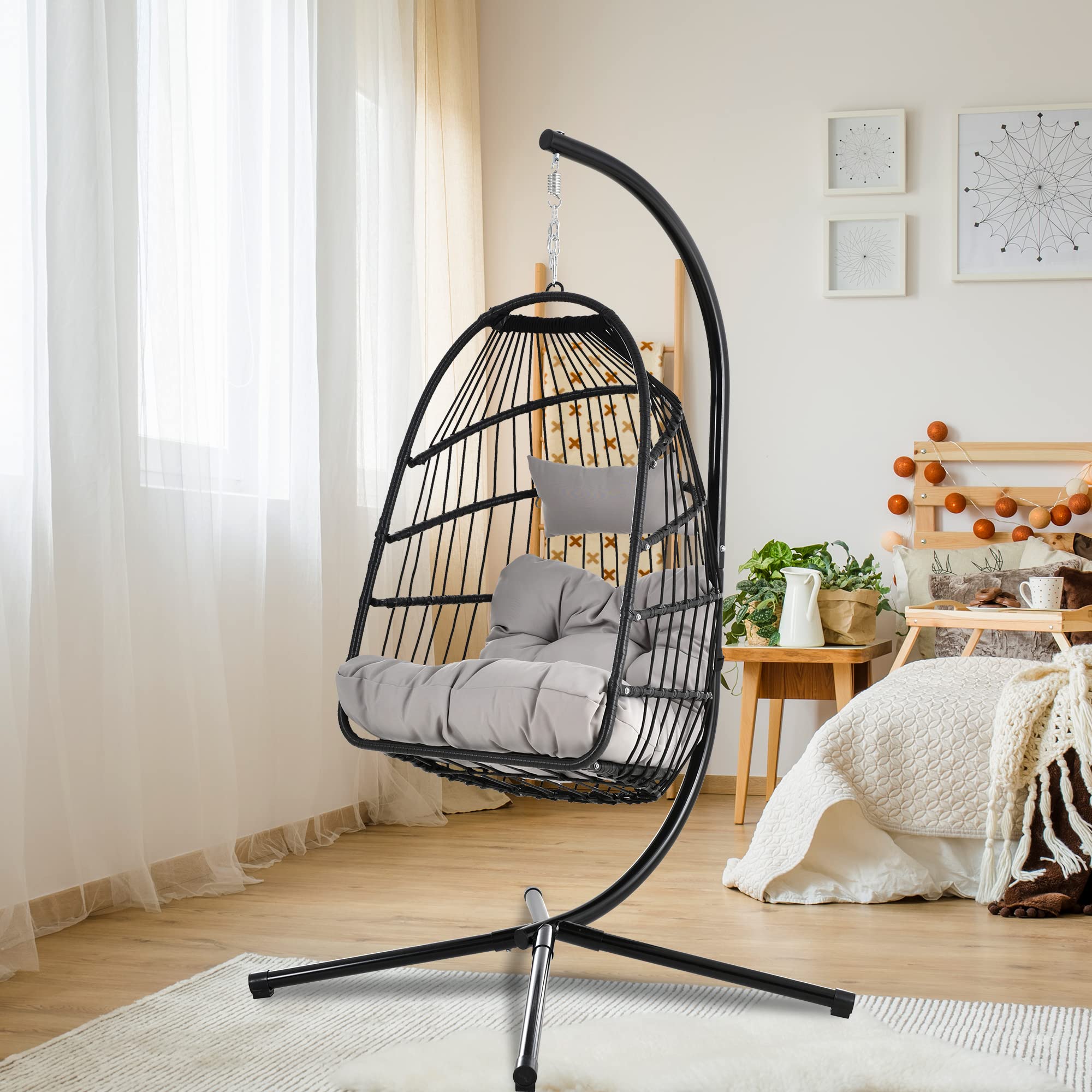 Outdoor Hanging Egg Chair - Foldable PE Rattan Wicker Swing Hammock with Steel Stand & Comfort Cushion for Patio, Balcony, Porch, Bedroom - Perfect for Relaxing, Reading & Lounging (Gray)