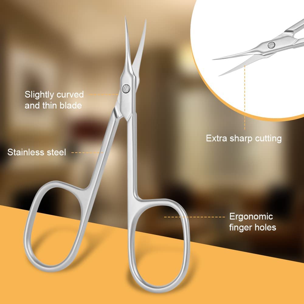 Professional Stainless Steel Cuticle & Manicure Scissors Kit - Sharp Curved Nail, Eyebrow, Mustache & Grooming Scissors for Dry Skin Care - Perfect for Home Salon, Travel & Professional Nail Grooming