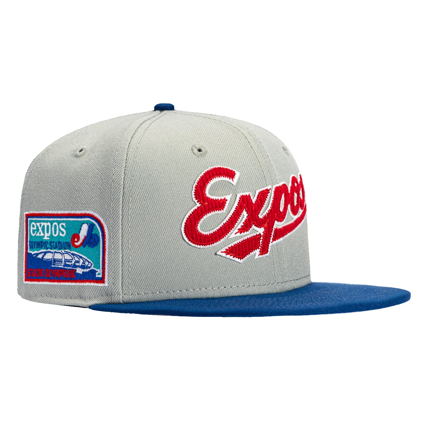 New Era 59Fifty Corduroy Script Montreal Expos Olympic Stadium Patch Hat - Grey & Royal Blue Baseball Cap for Men - Vintage MLB Fan Gear, Streetwear Fashion & Sports Collection