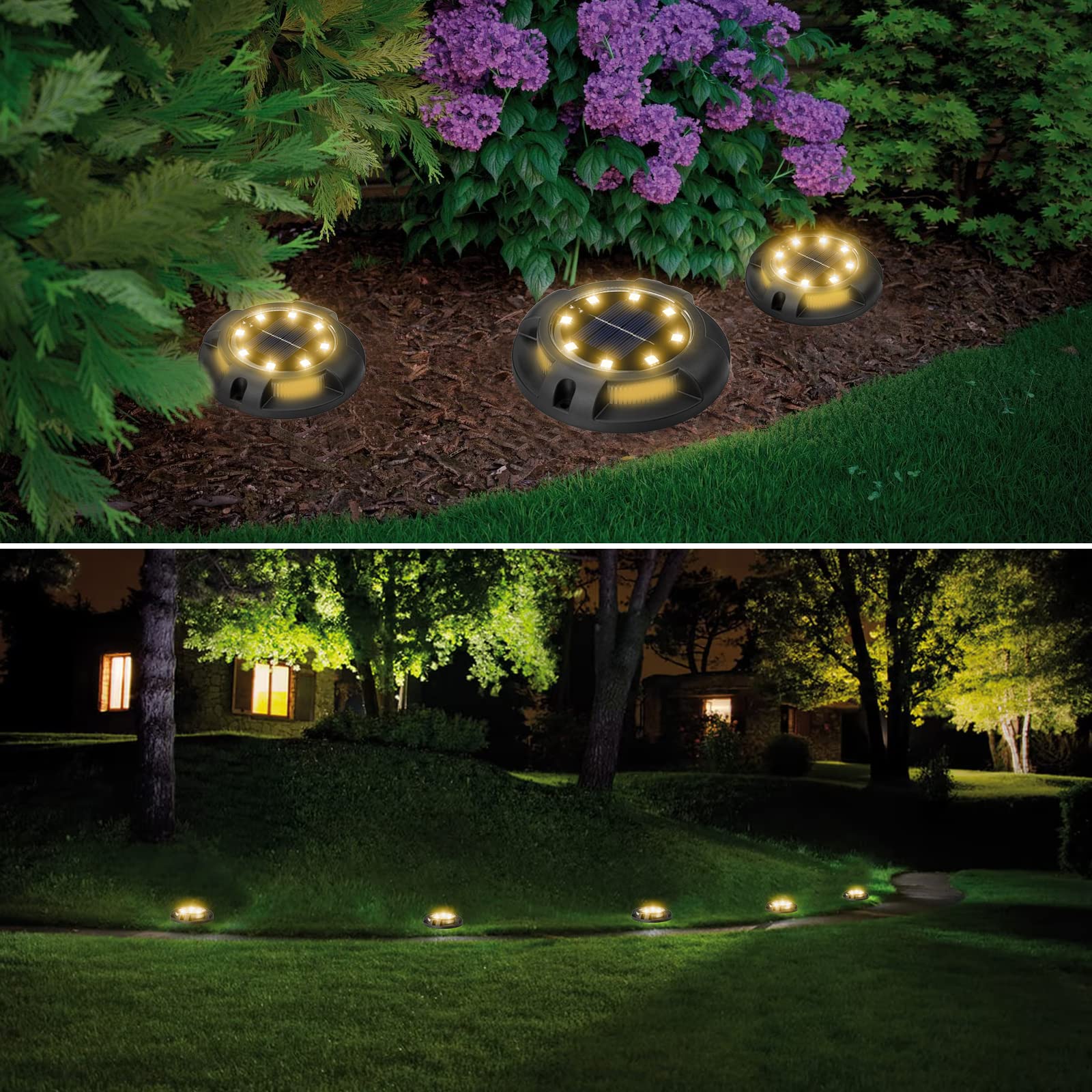 Fohil 12 Pack Solar Disk Lights - 12 LED Waterproof Outdoor In-Ground Lights for Pathway, Lawn, Yard, Patio, Walkway, Driveway, Deck, Garden Decor - Warm White Solar Landscape Lighting for Nighttime Safety and Ambience