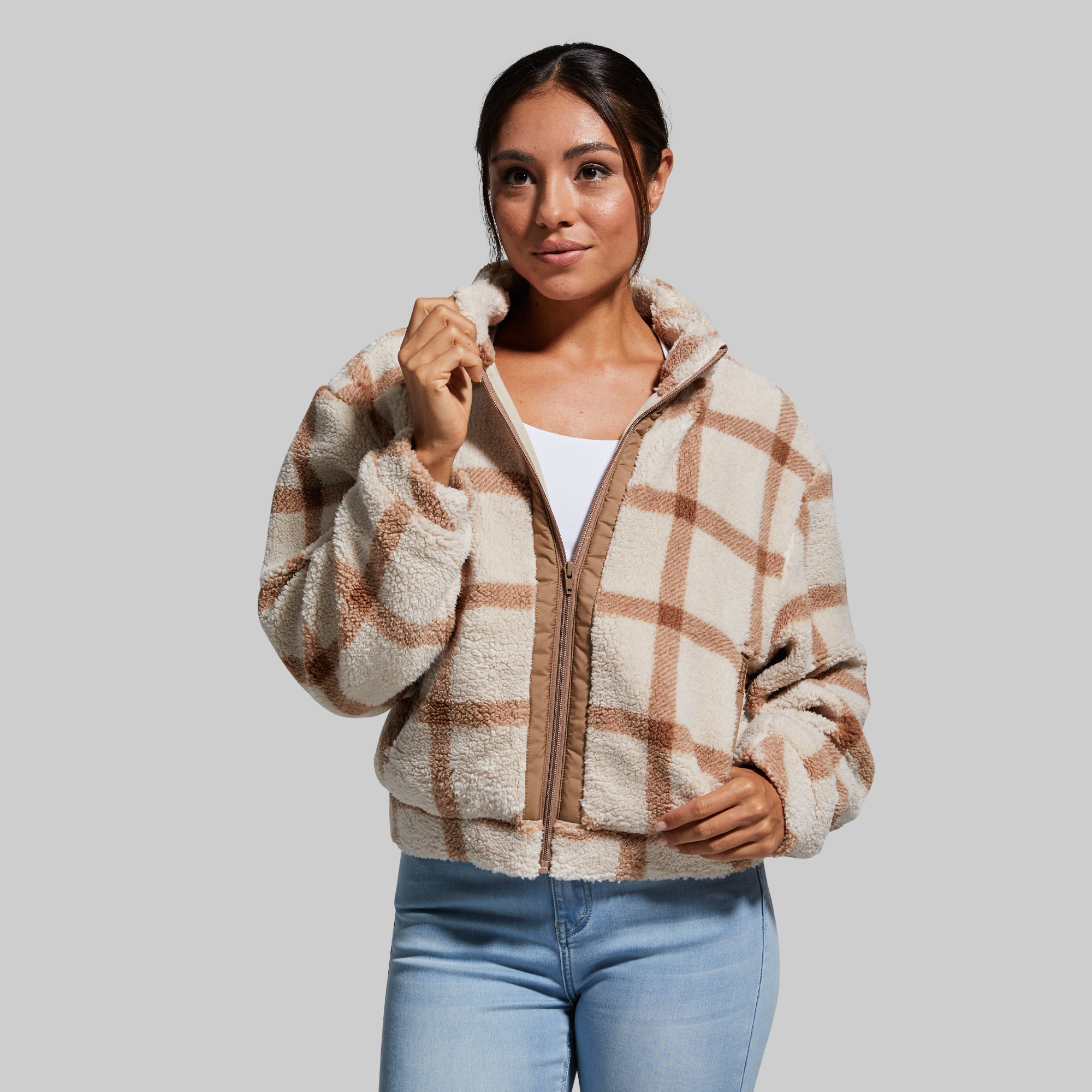 Women's Cropped Fleece Jacket - Soft Warm Macadamia Brown Winter Pullover for Casual Outfits & Outdoor Activities