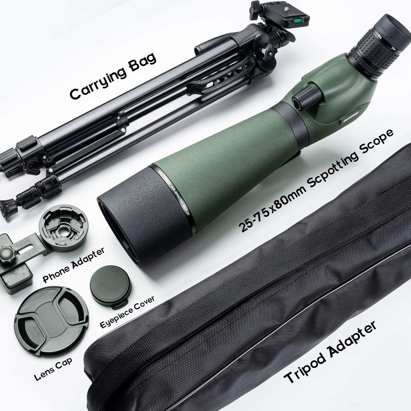 25-75x80 High Power Spotting Scope for Target Shooting & Hunting - Upgraded Tripod, Carrying Bag & Phone Adapter - Perfect for Bird Watching, Wildlife Viewing, Outdoor Adventures & Range Observation (Grey)