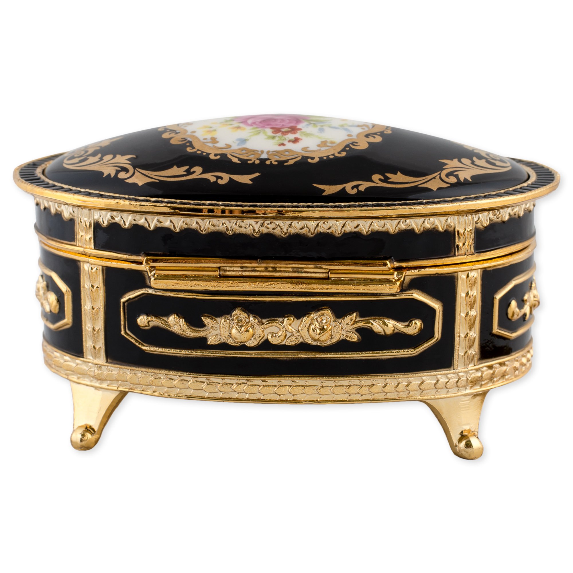 Elegant Black Floral Music Jewelry Box - Oval Shape with 'Candle in the Wind' Melody | Perfect for Gift Giving, Home Decor & Jewelry Storage