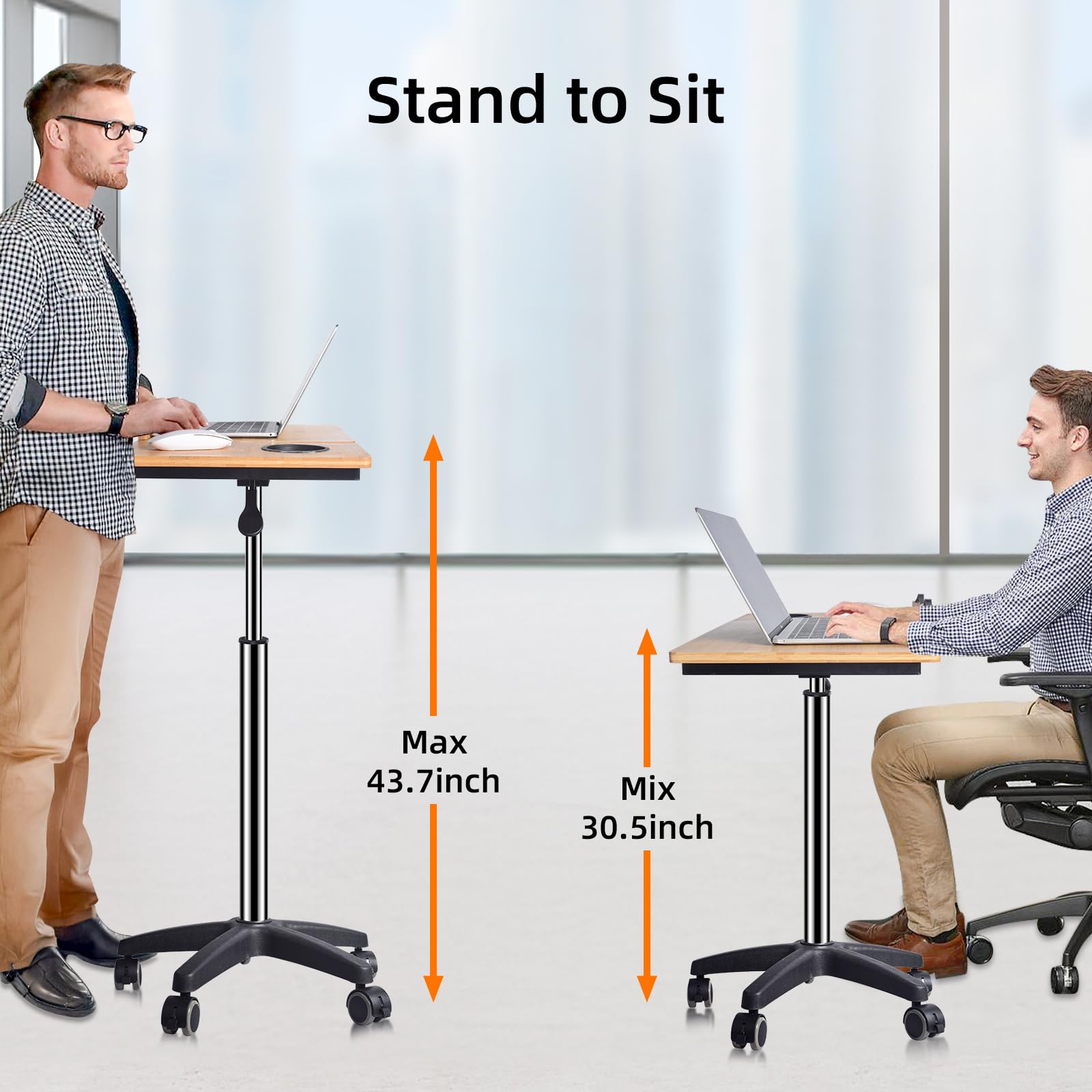 Wishacc Adjustable Rolling Podium Stand - Over Bed Table & Laptop Workstation with Wheels (30.5-43.7 inches) | Perfect for Home Office, Hospital Bed & Classroom Presentations