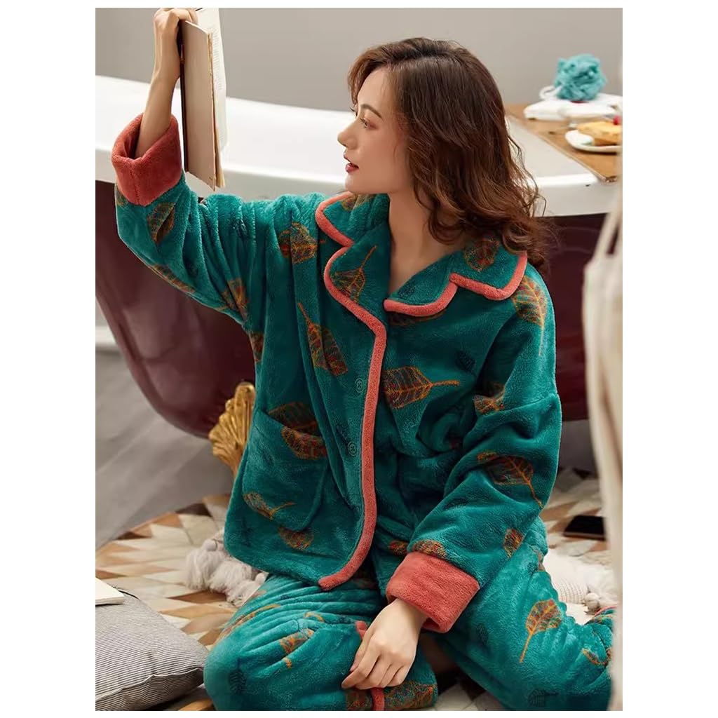 Women's Christmas Pajama Set with Plush Fleece Robe - Soft Long Sleepwear Nightgown for Women (Green, Size L) | Cozy Holiday Loungewear for Winter Nights & Gift Giving
