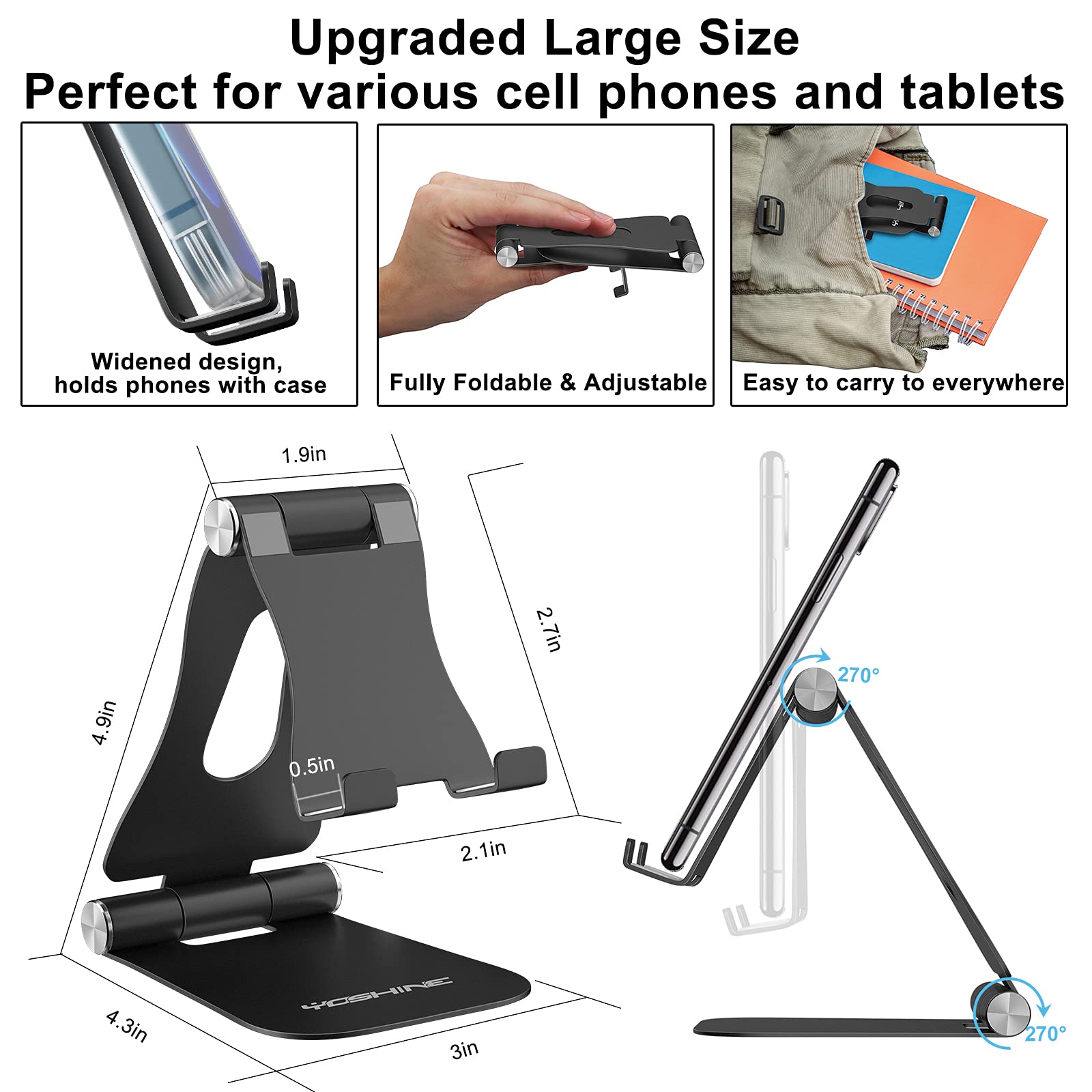 Upgraded Aluminum Phone Stand for Desk - Adjustable & Foldable Tablet Holder for iPhone, iPad, Smartphones 4-13 Inch - Portable Cradle Dock for Office, Home, Bedside, Travel (Black)
