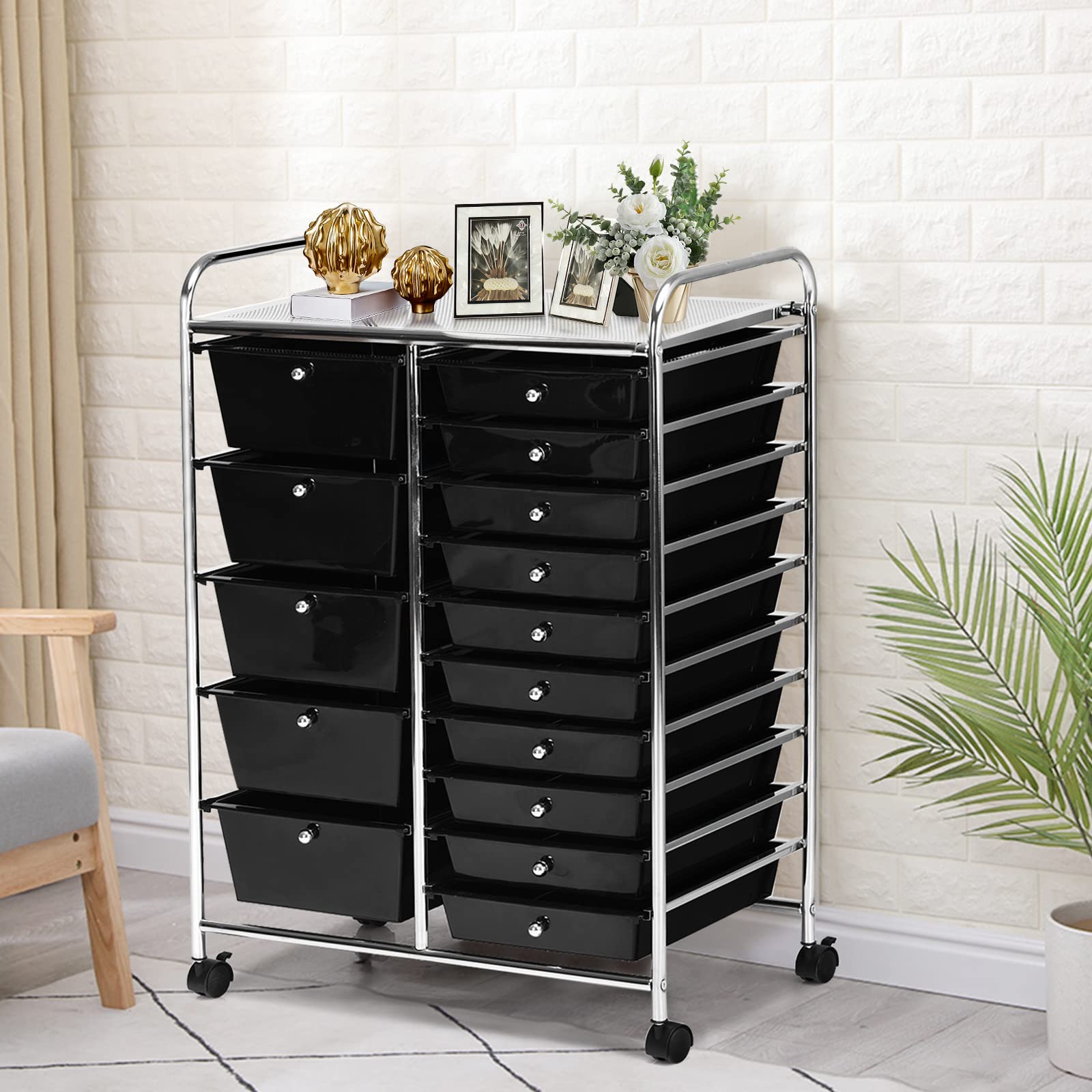 COSTWAY 15-Drawer Rolling Storage Cart with Removable Drawers & Sturdy Metal Frame | Multipurpose Mobile Organizer for Tools, Office Supplies & Paper Storage | Perfect for Home, Office, Workshop & Craft Room Organization (Black)