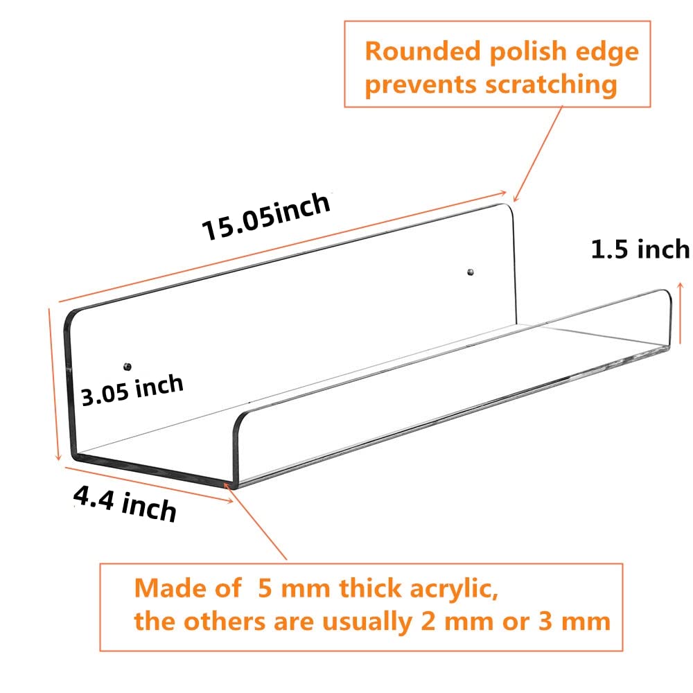 15 Inch Invisible Floating Bookshelf Set of 6 - Acrylic Wall Mounted U Shelves for Kids Room, Modern Picture Ledge & Toy Storage - 5MM Thick Clear Display Shelves for Books, Decor & Organizing Small Items - Perfect for Nursery, Playroom & Home Office