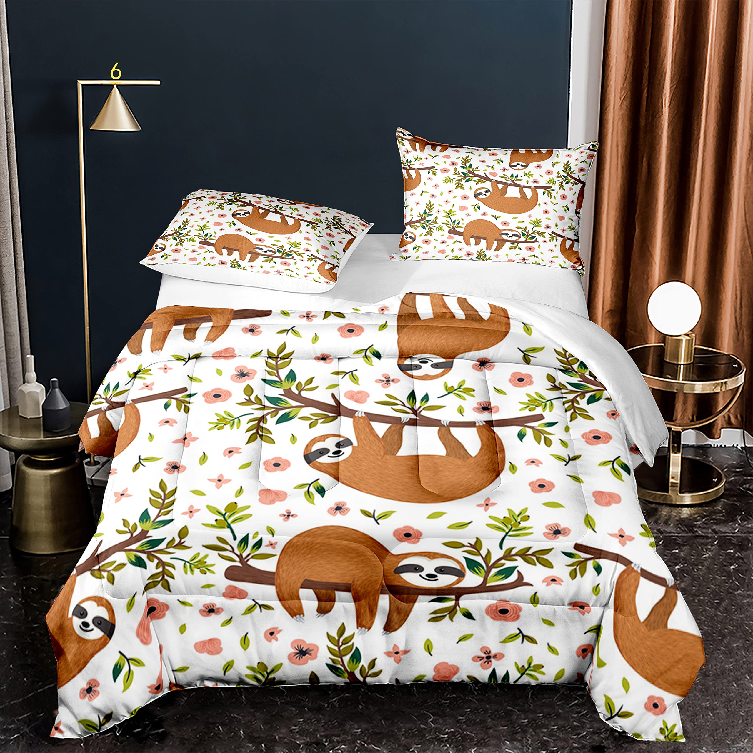 Brown Cartoon Sloth Comforter Set for Full Bed - Floral Sloth Bedding with 1 Comforter & 2 Pillow Shams | Cozy Animal Print Bedroom Decor for Kids & Teens