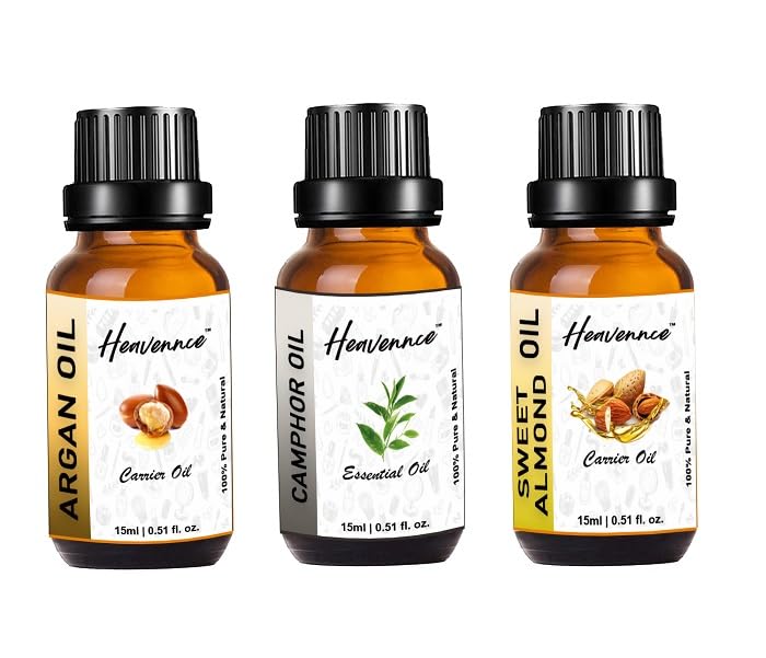 Heavennce Argan Oil, Camphor Oil & Sweet Almond Oil Combo - 3 Pack for Hair Growth, Skin Moisturizing & Pain Relief | Natural Massage Oil for Relaxation & Aromatherapy | Perfect for Dry Scalp, Stretch Marks & Muscle Soreness