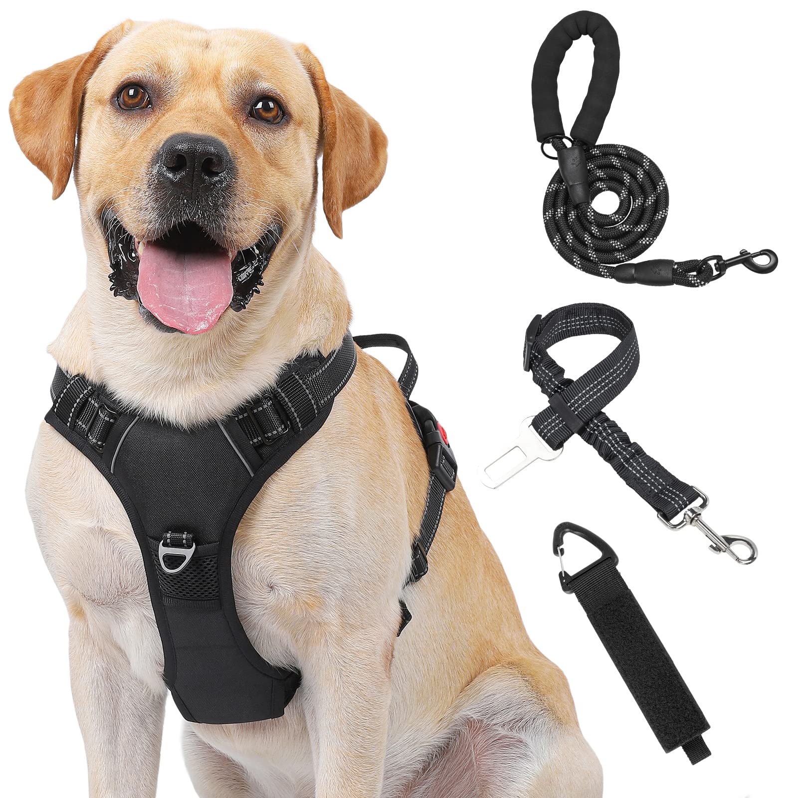 Kindacoool No Pull Dog Harness with Front Lead - Reflective Adjustable Soft Padded Vest for Small, Medium & Large Dogs - Includes 5FT Leash, Seat Belt & Storage Strap - Perfect for Walking, Hiking & Car Travel