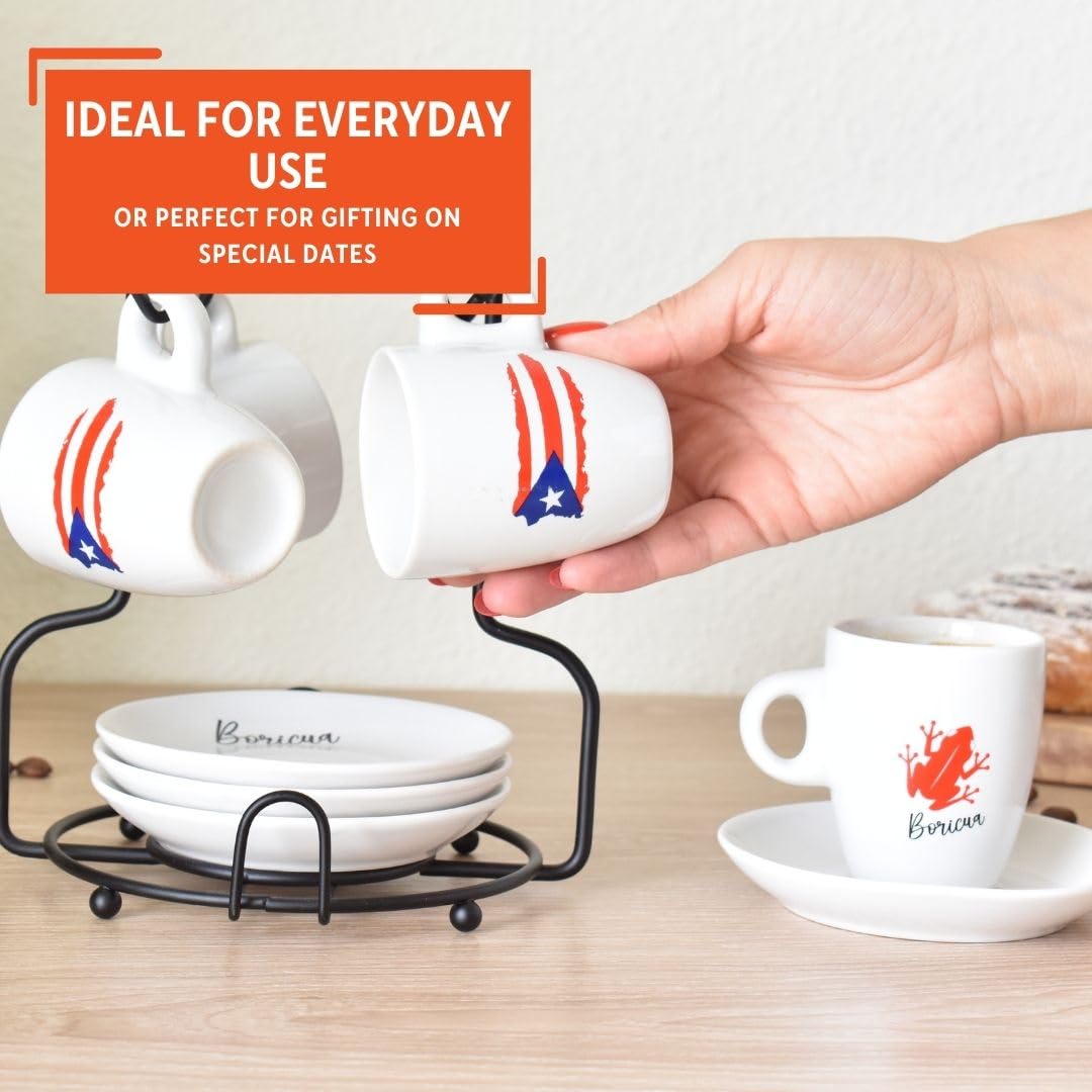 IMUSA 8-Piece 3oz Boricua Espresso Cups and Saucers Set with Wooden Rack - Perfect for Serving Cuban Coffee, Italian Espresso, or Turkish Tea at Home Cafes and Restaurants