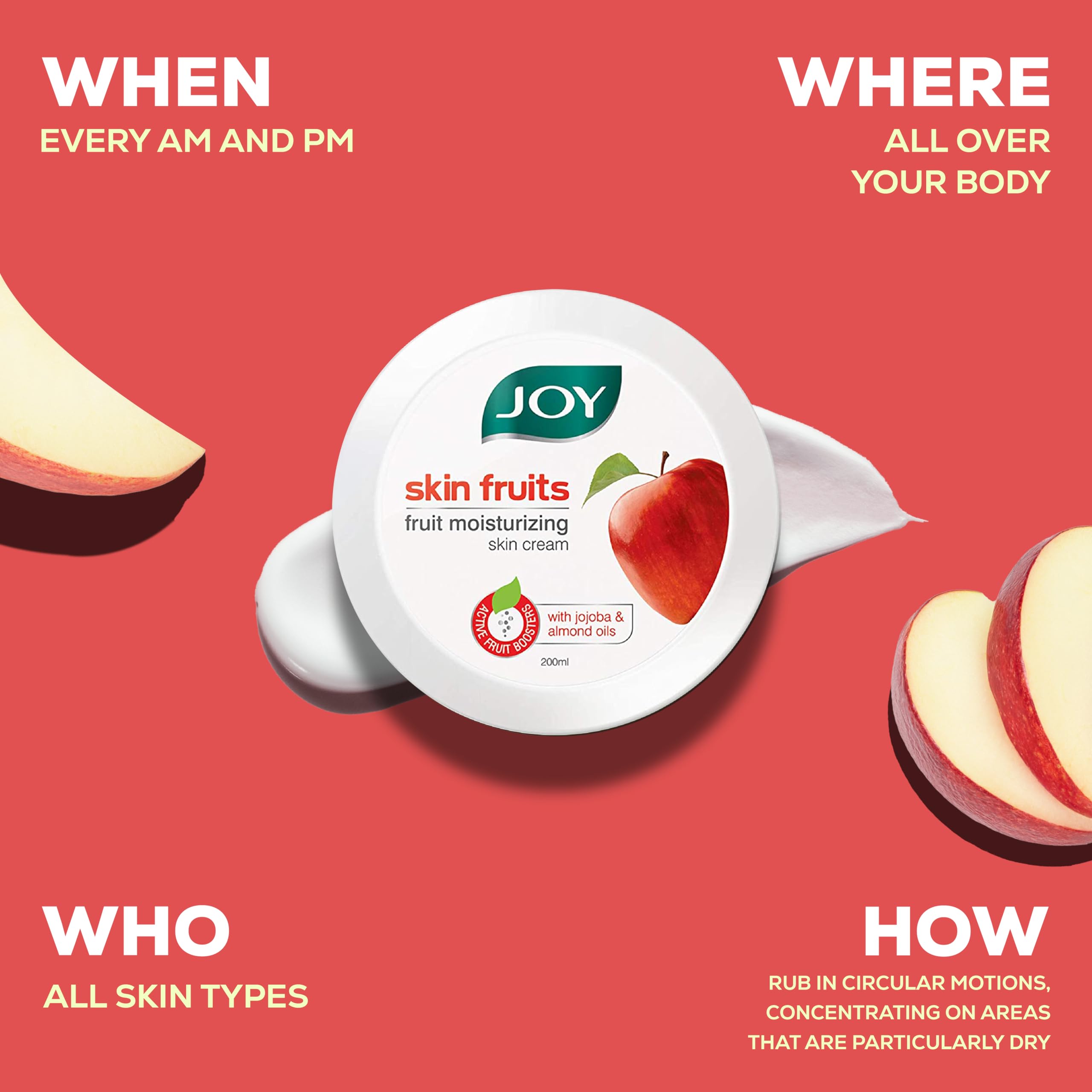 Joy Skin Fruits Moisturizing Cold Cream with Apple, Jojoba & Almond Oil (200ml) - Fast Absorbing, Non-Greasy Face, Hand & Body Moisturizer for Healthy, Soft & Glowing Skin | Perfect for Dry Skin Care, Night Routine & Daily Hydration