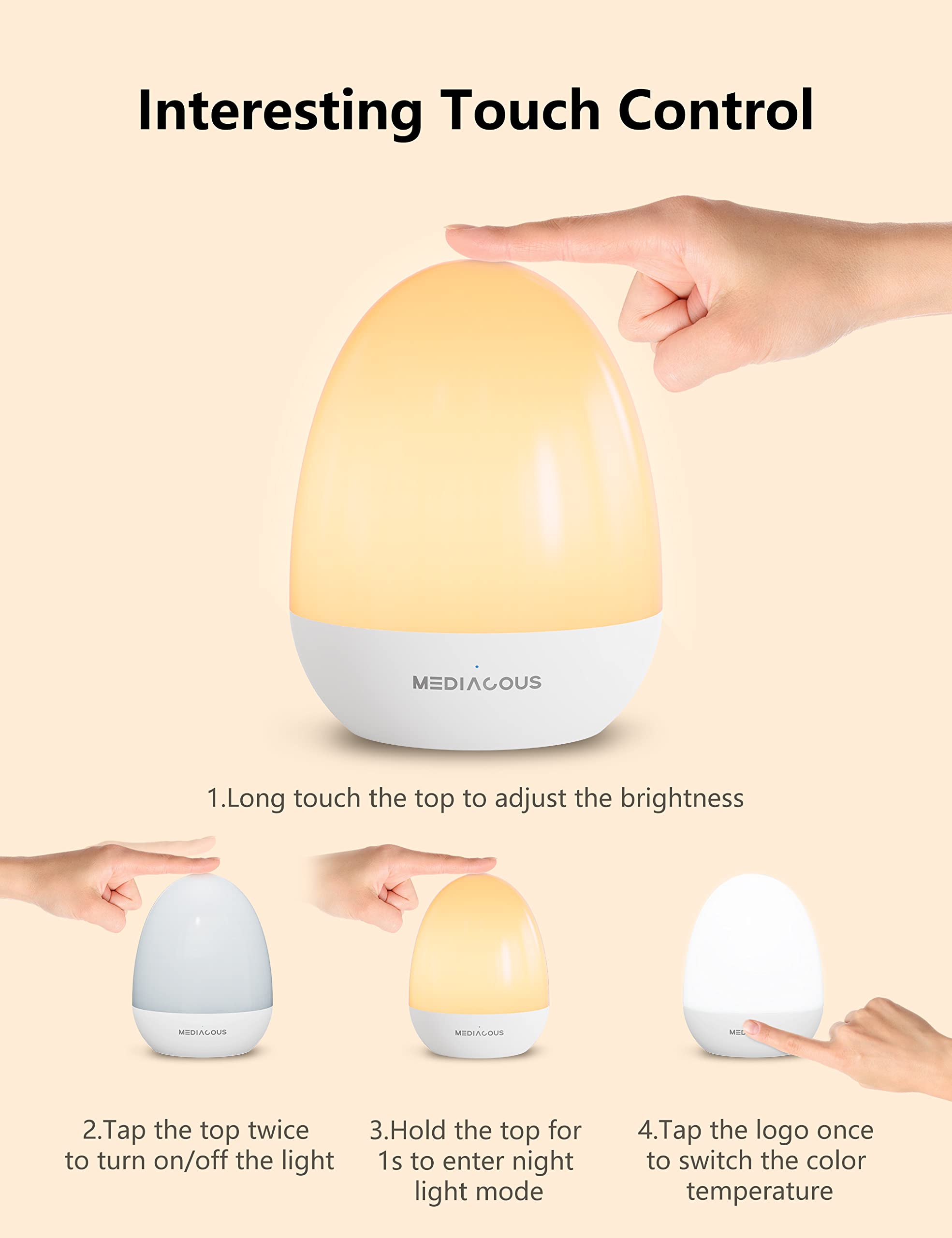 MediAcous Dimmable Night Light for Kids Room - Baby Night Lamp with Stable Charging Pad, 1H Timer & Touch Control, ABS+PC LED Egg Light - Perfect for Breastfeeding, Nursery, Bedtime & Nighttime Feedings - Lasts Up to 200 Hours
